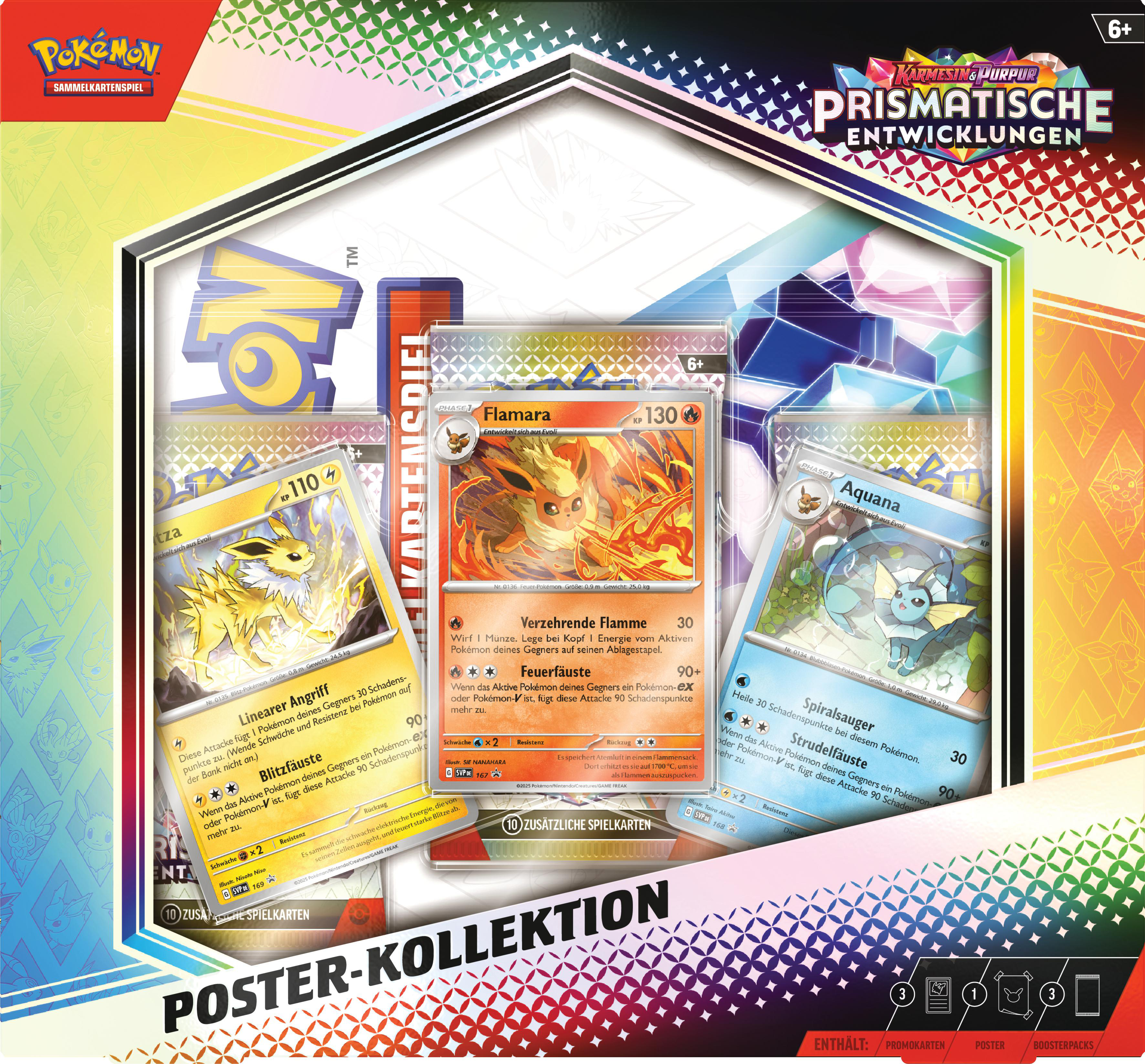 Pokémon-Kartenset mit Flamara-, Aquana- und Blitza-Karten. Das Set ist als 'Poster-Kollektion' verpackt.