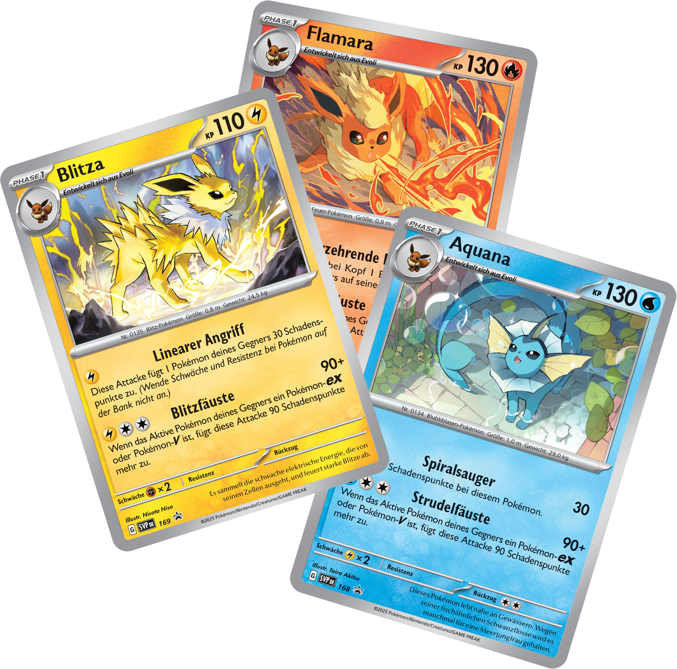Drei Pokemon-Karten: Blitza, Aquana und Flamara auf weißem Grund.