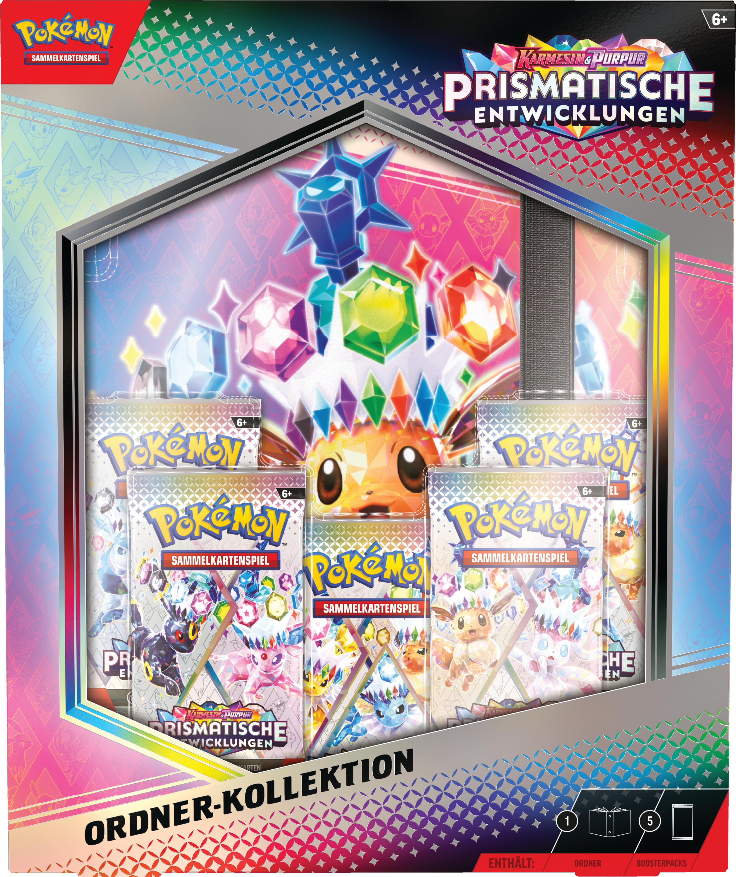 Pokemon TCG Sammelmappen-Kollektionsbox mit mehreren Booster-Packs und Karten.