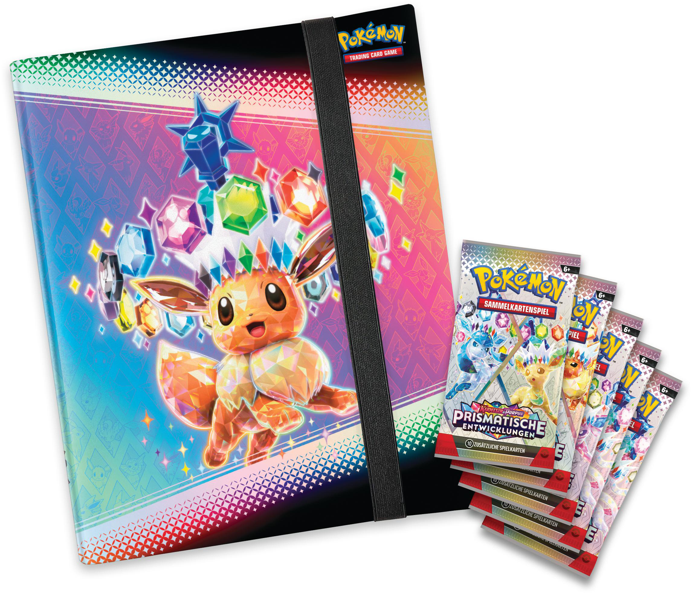 Pokémon-Kartenordner und -Packs. Ordner mit Evoli-Design. Packs mit Pokémon-Charakteren.