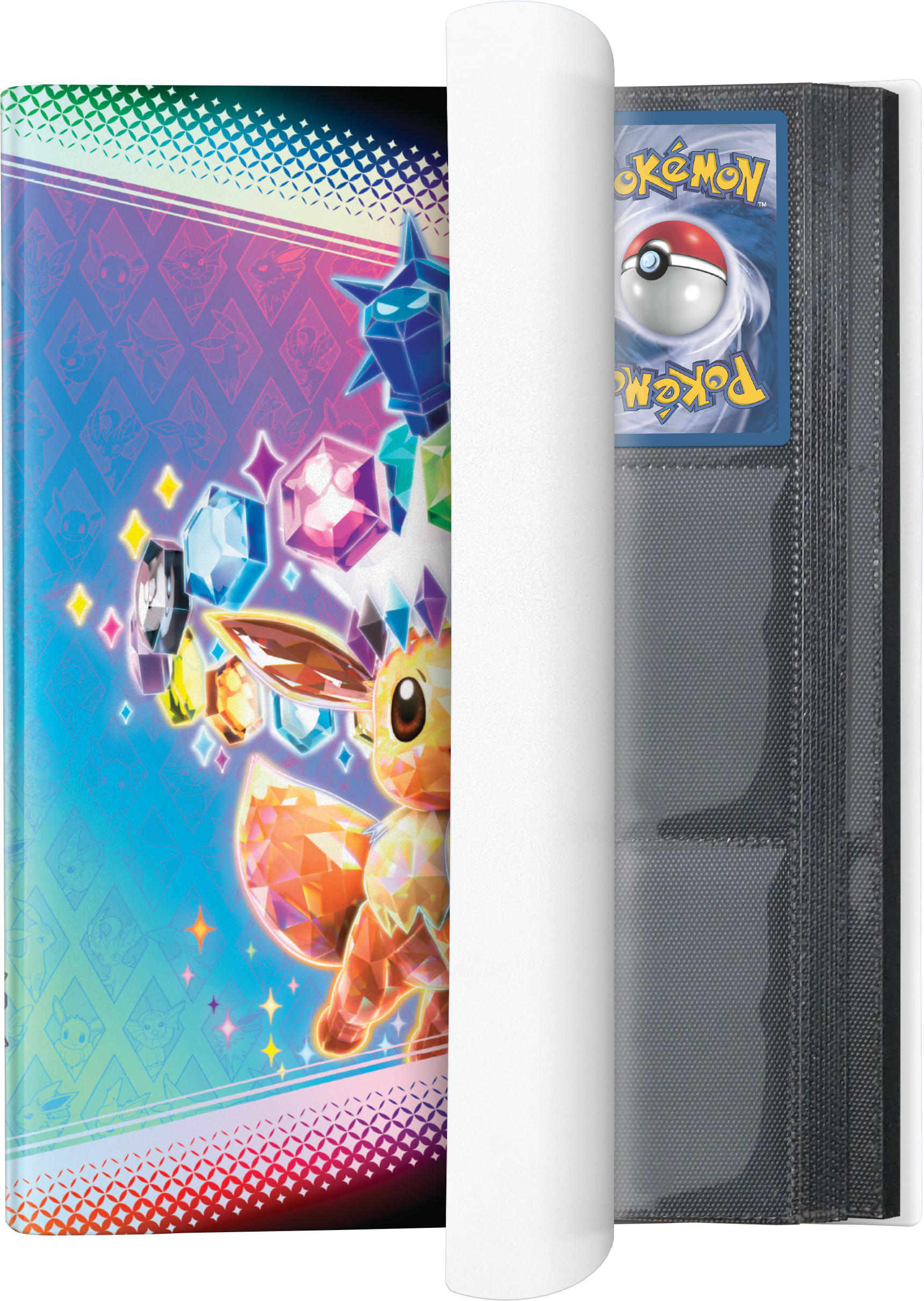Pokemon-Kartenordner, geöffnet, um Karten zu zeigen. Evoli auf dem Cover, verschiedene bunte Designs.