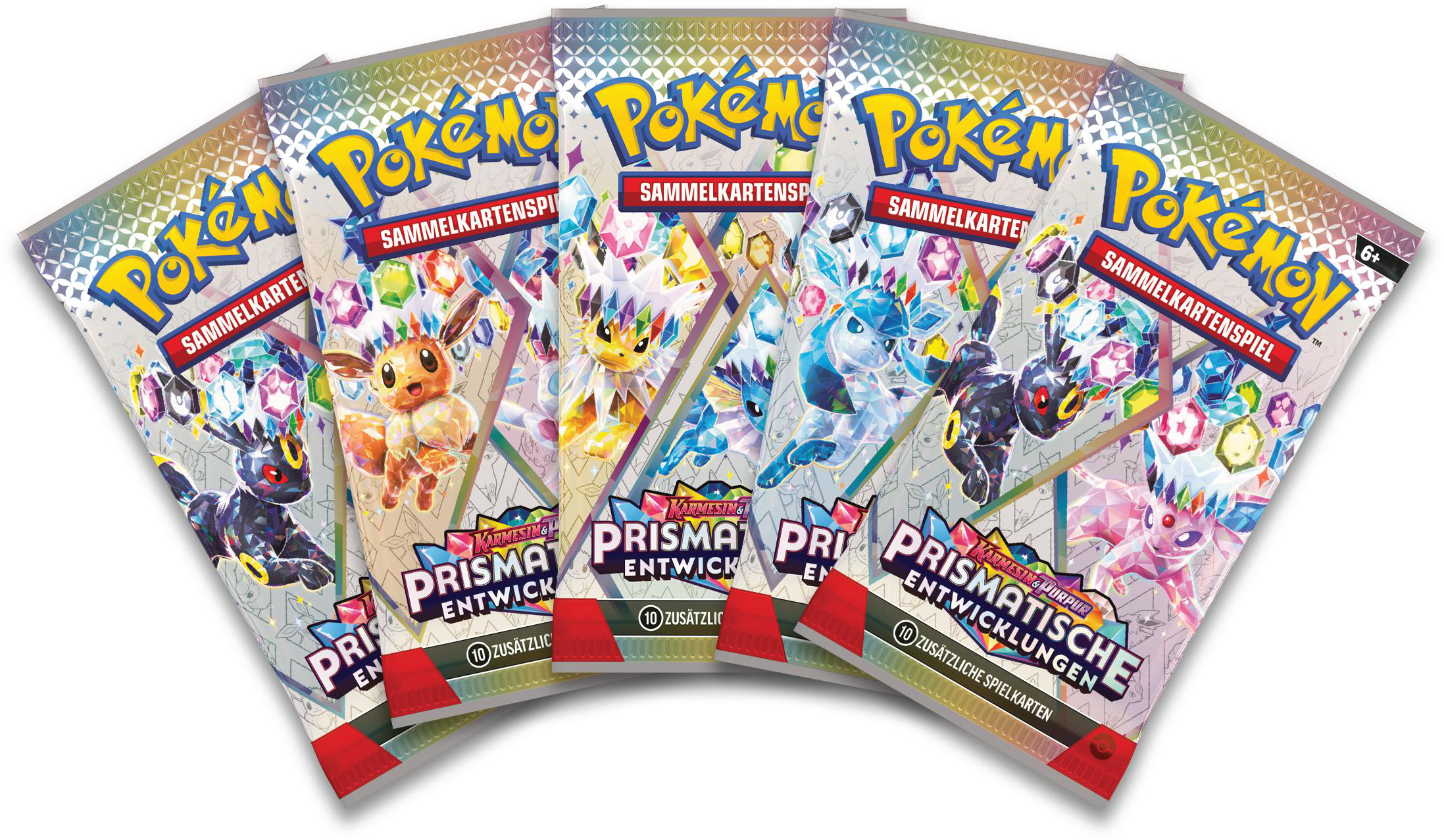 Fünf Packungen Pokémon-Karten mit verschiedenen Pokémon. Helle Farben.