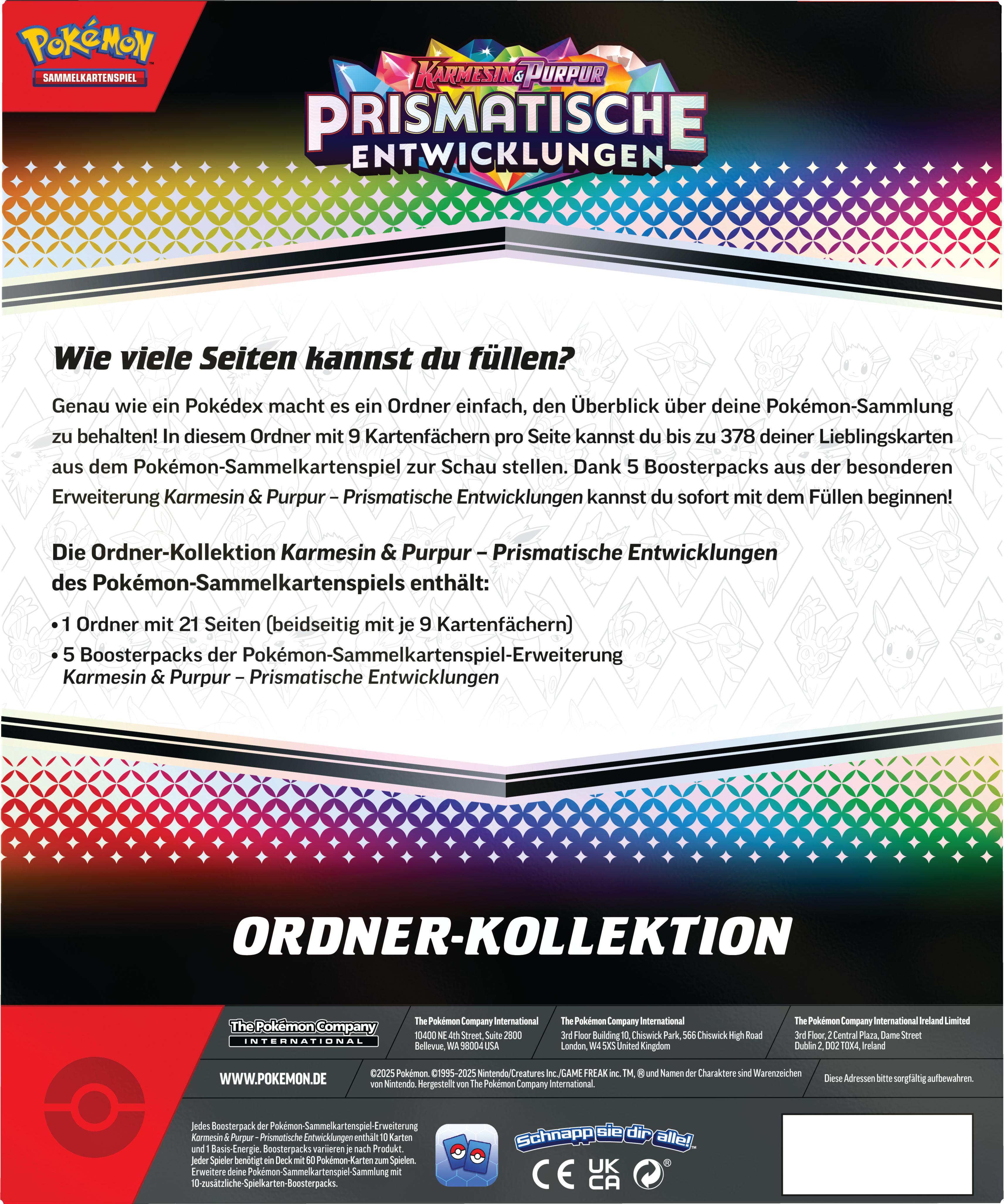 Rückseite eines Pokémon-Karten-Sammelordners. Die Vorderseite hat Karten, Text und ein Pokémon-Logo.