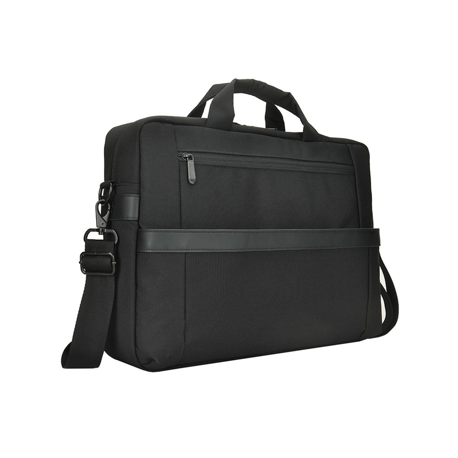 Black briefcase with handle, shoulder strap, and zipper.