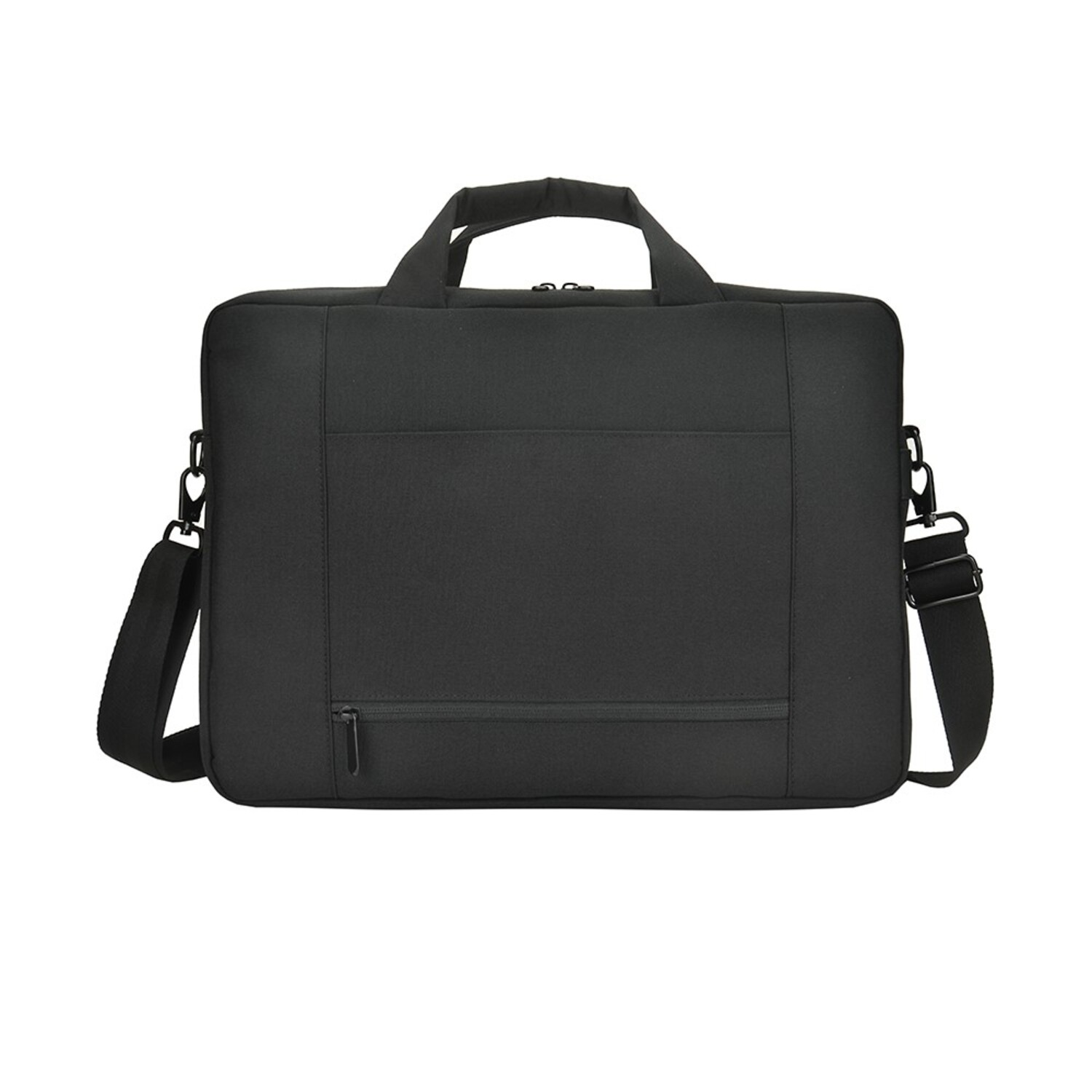 Black laptop bag with handle, shoulder strap, and zipper pocket. Isolated on white background.