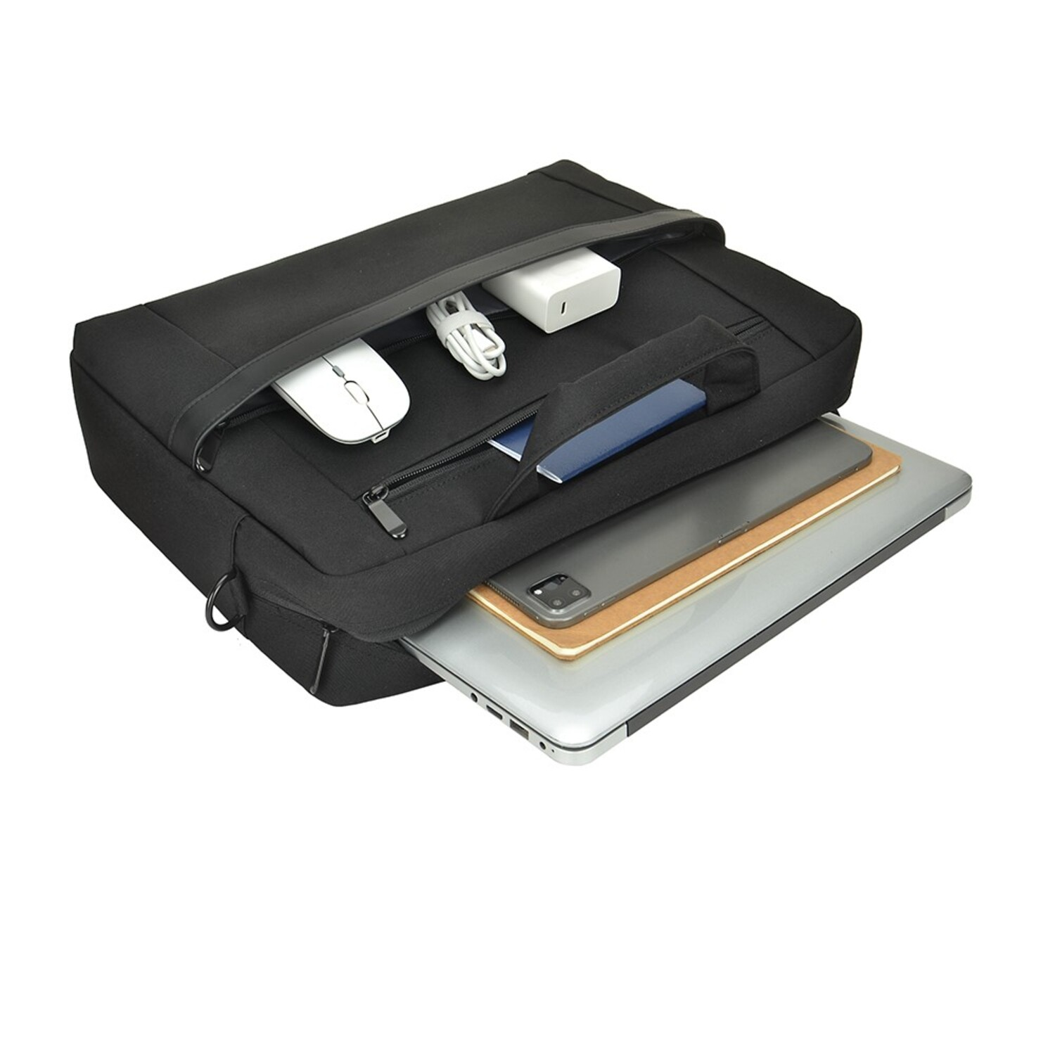 Black laptop bag. Laptop, tablet, mouse, charger and other items inside. White background.