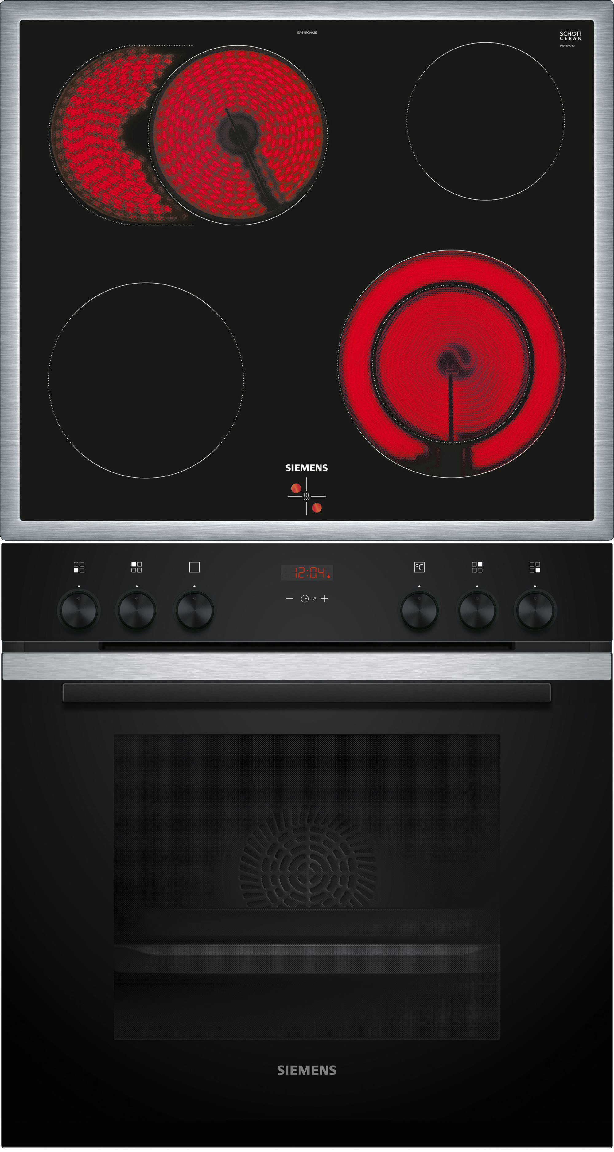 Schwarzes Glaskochfeld und Backofen. Kochfeld mit 4 Kochzonen. Backofen mit Digitaldisplay.