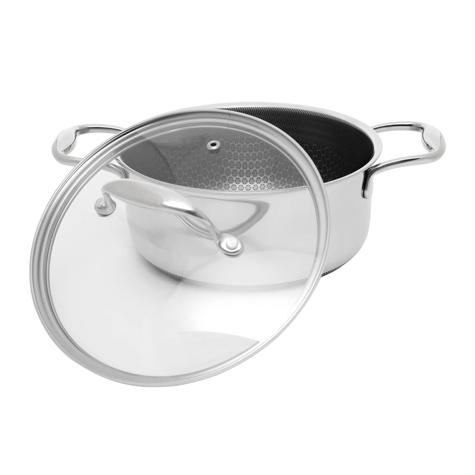 Garnek ze stali nierdzewnej ze szklaną pokrywką. Garnek ma dwa uchwyty i wzór plastra miodu.