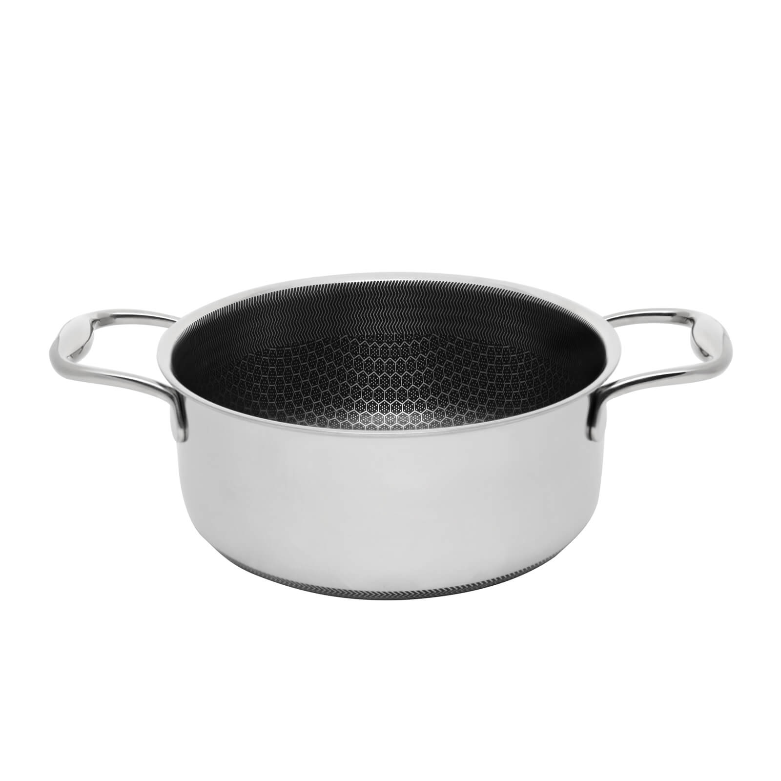 Garnek ze stali nierdzewnej z dwoma uchwytami. Wnętrze ma wzór plastra miodu. Białe tło.