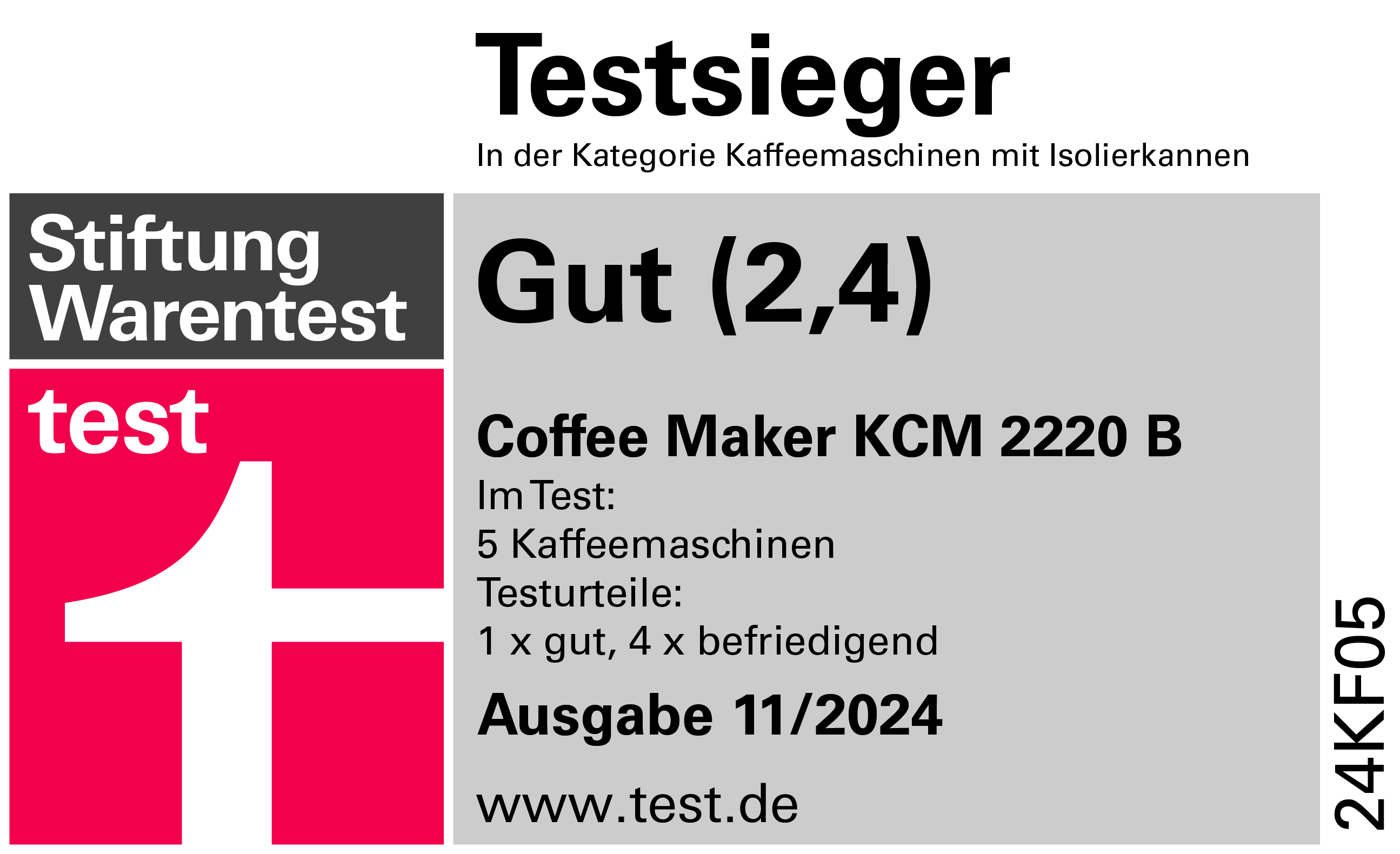 Stiftung Warentest. Testsieger: Coffee Maker KCM 2220 B. Note: Gut (2,4).