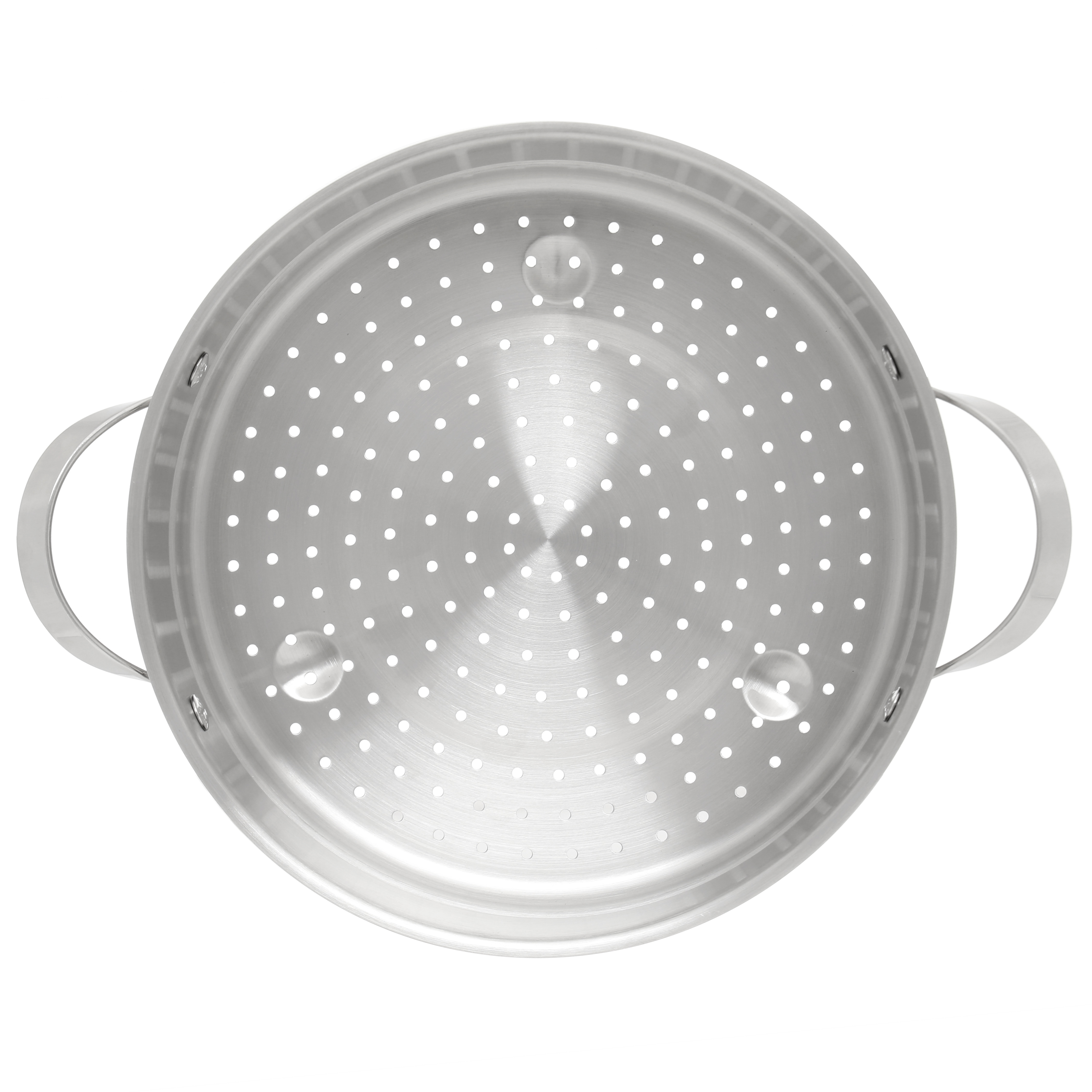 Garnek do gotowania na parze ze stali nierdzewnej z dwoma uchwytami i perforowaną podstawą.