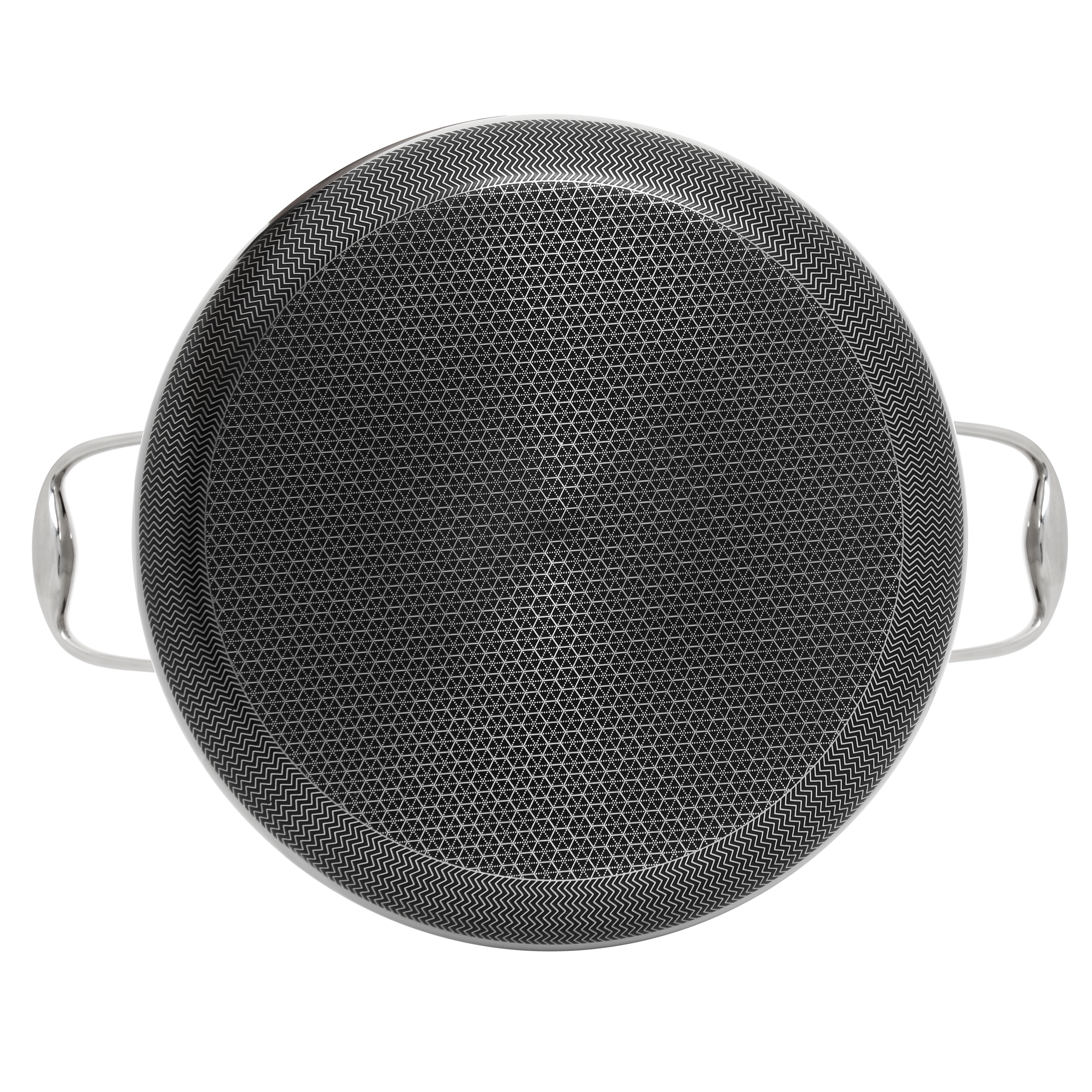 Widok z góry na garnek z wzorzystą powierzchnią i dwoma uchwytami na białym tle.