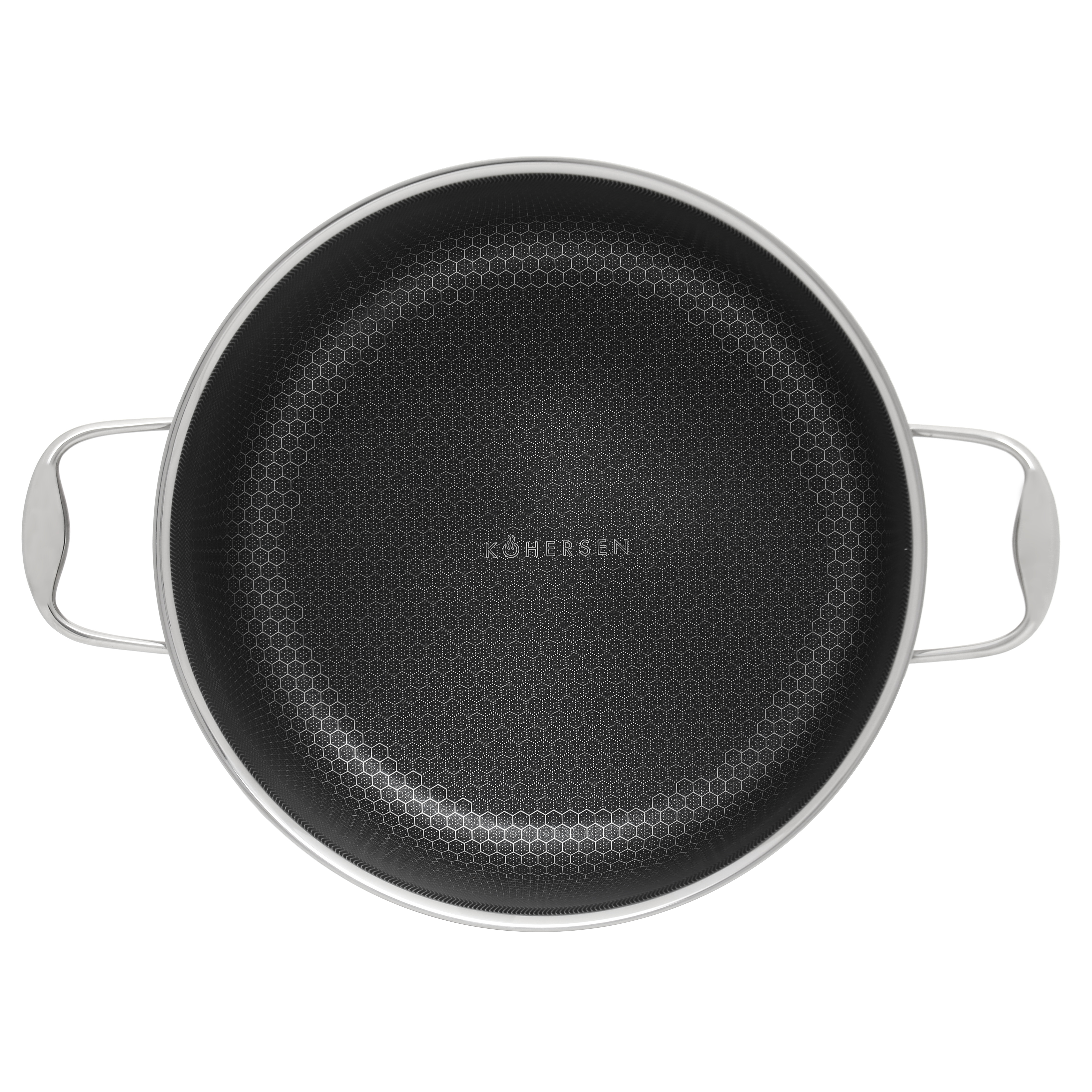 Widok z góry na patelnię ze stali nierdzewnej.