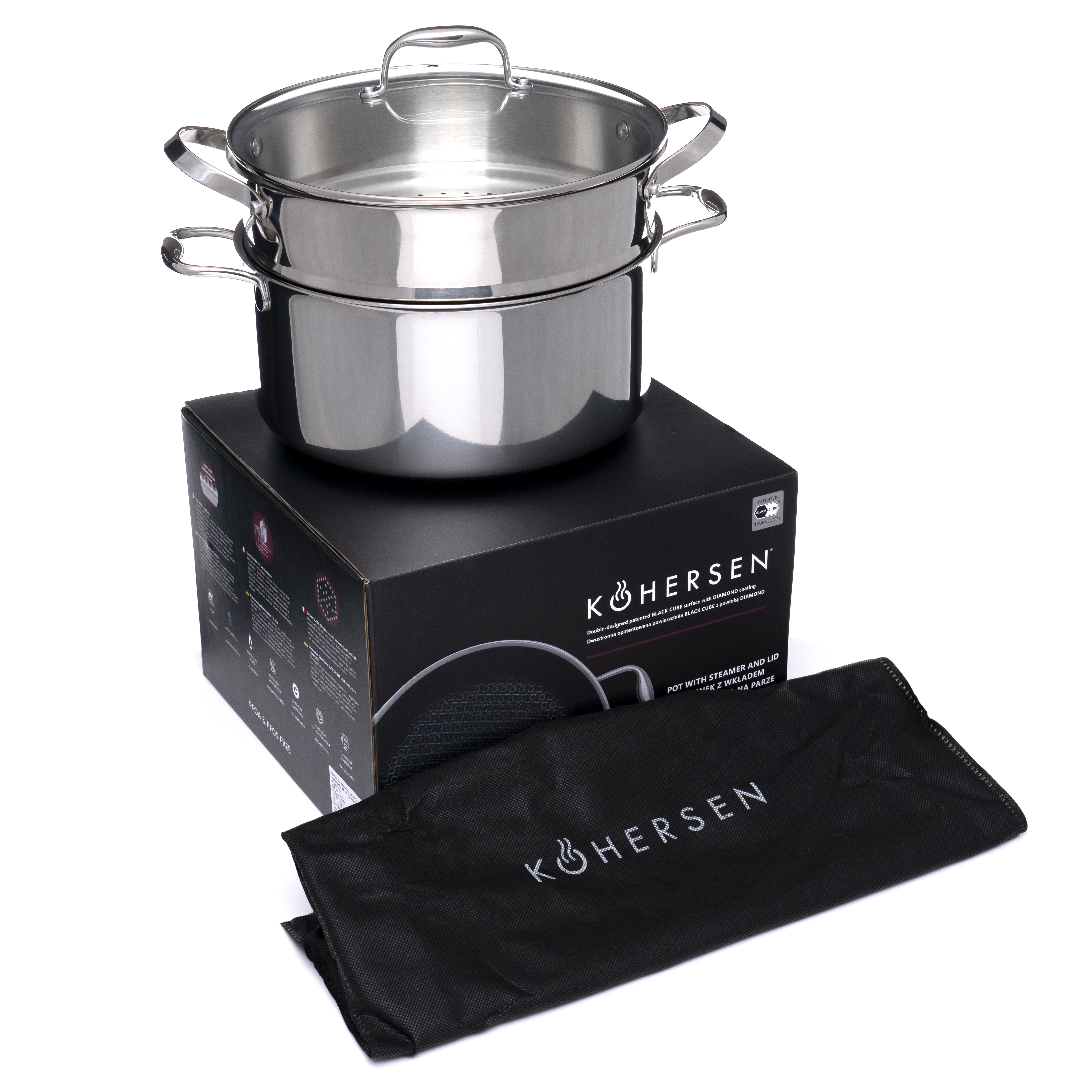 Garnek do gotowania na parze ze stali nierdzewnej z pokrywką i czarną torbą.