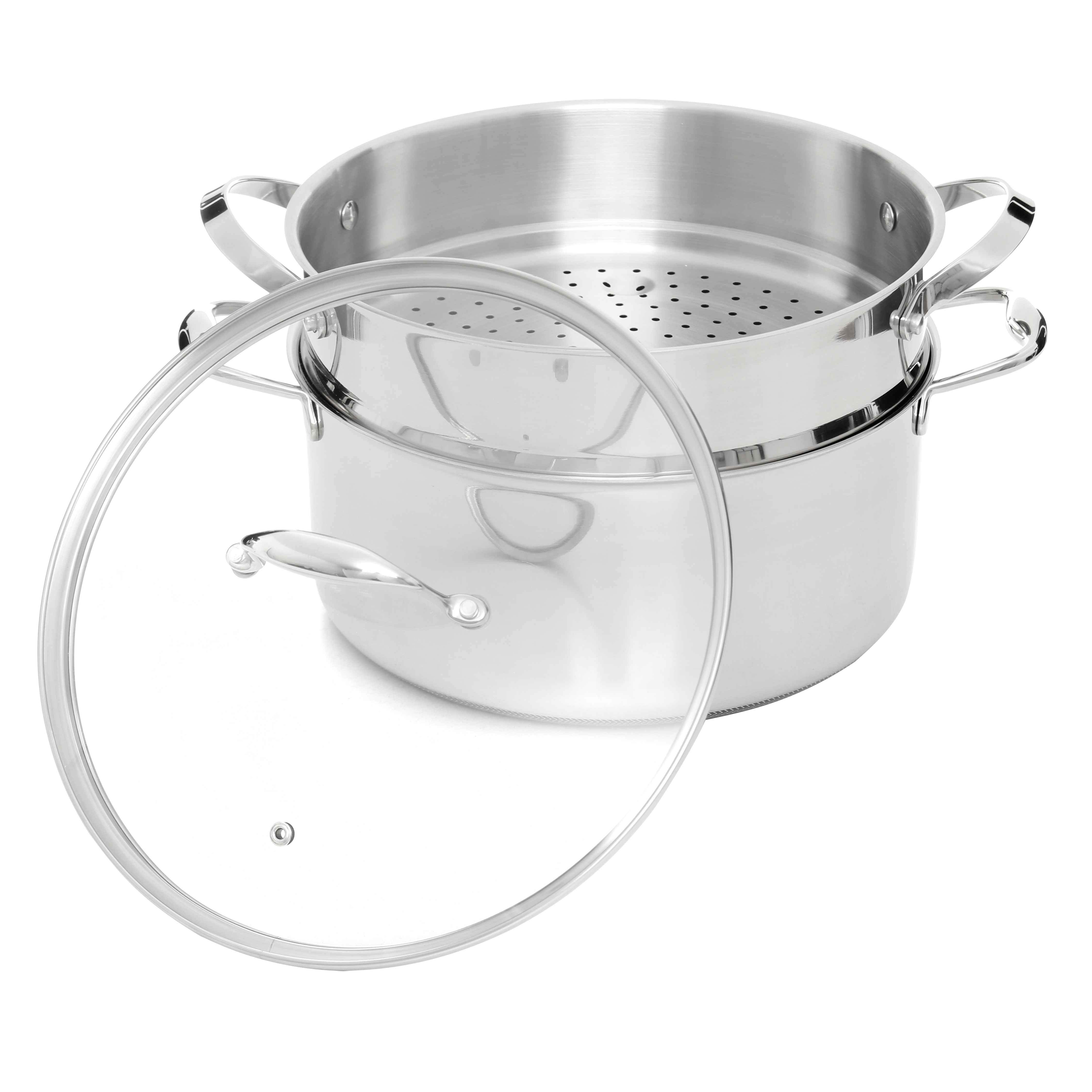 Garnek do gotowania na parze ze stali nierdzewnej ze szklaną pokrywką. Pokrywka jest częściowo otwarta, pokazując wnętrze.