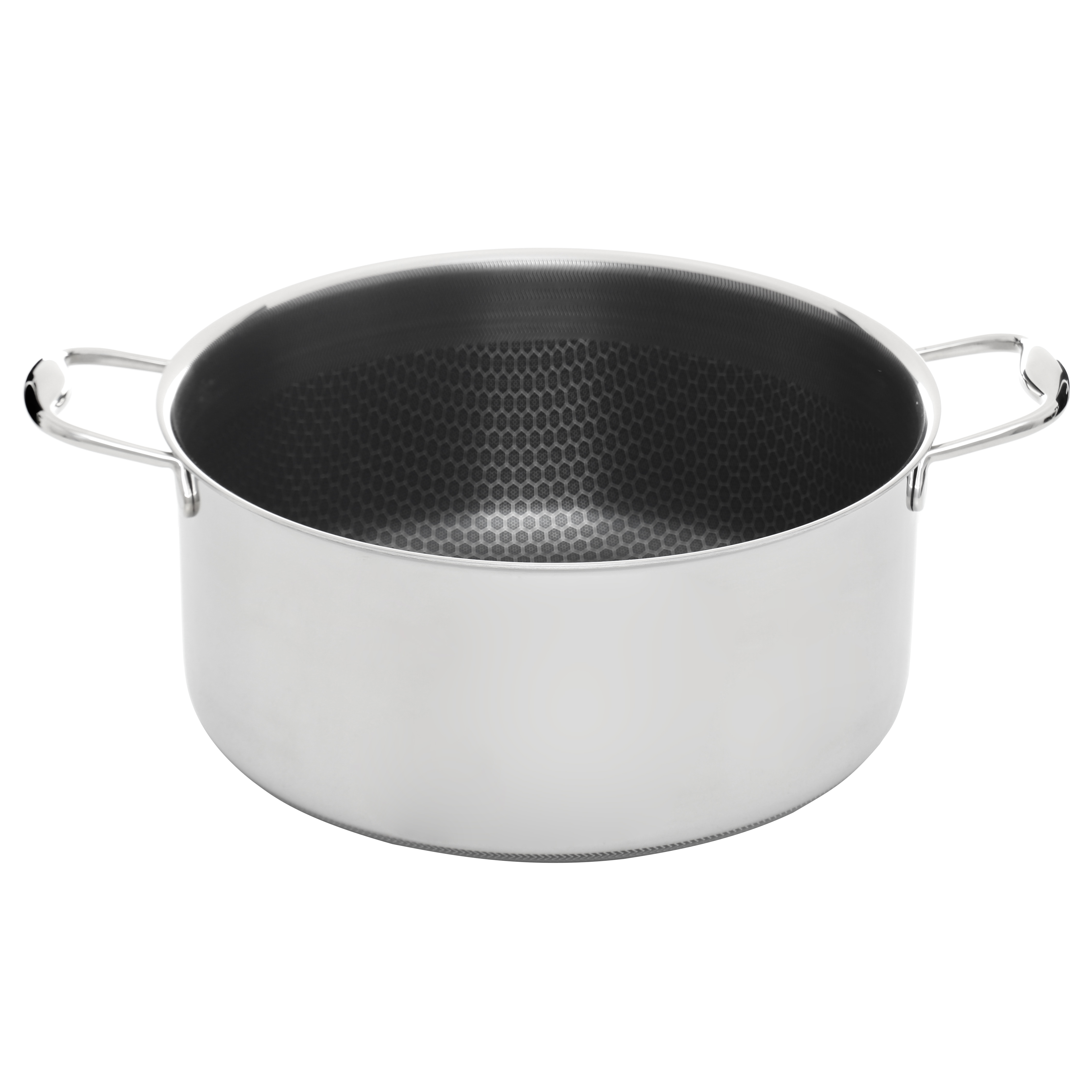 Garnek. Stal nierdzewna z uchwytami. Czarne wnętrze z wzorem plastra miodu. Białe tło.