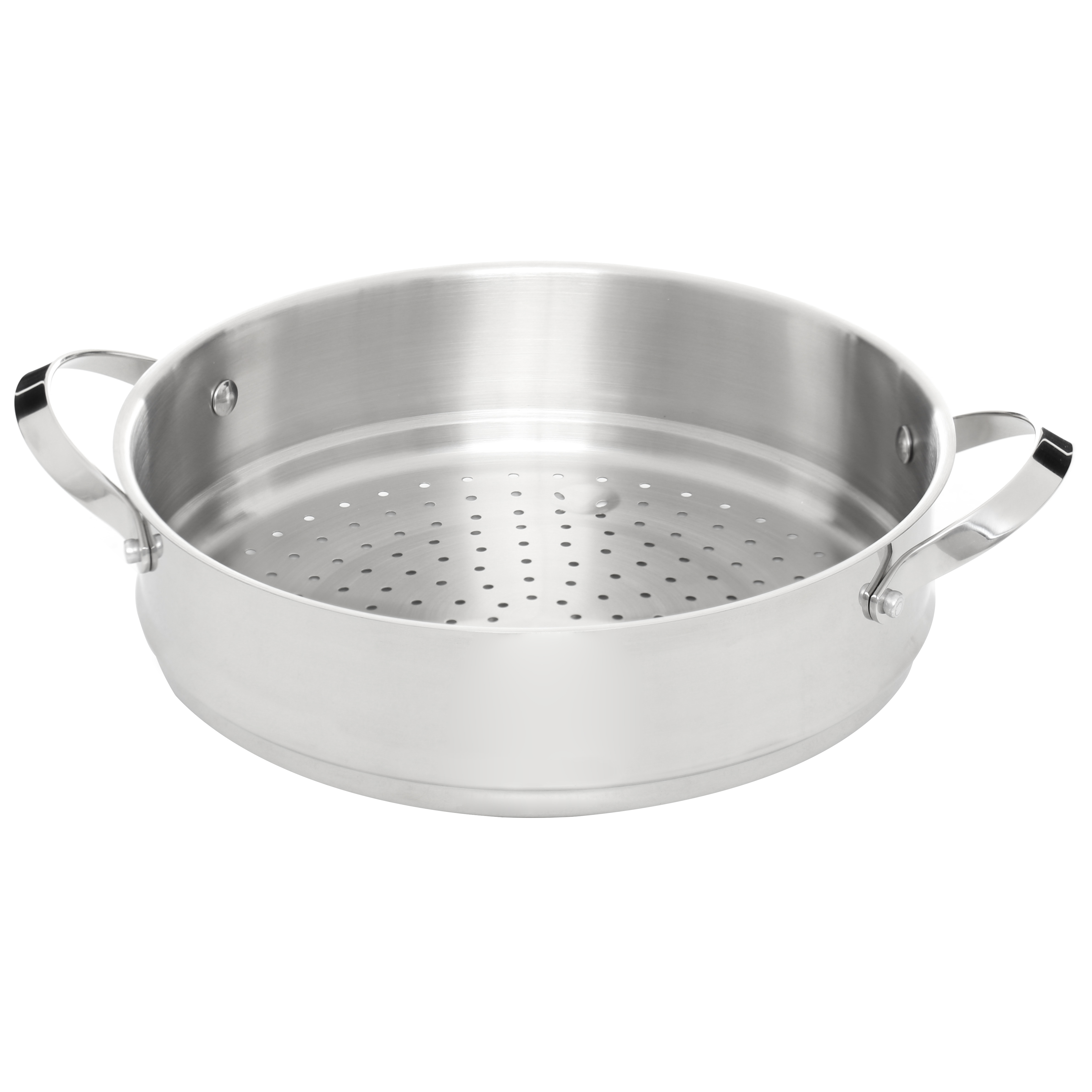 Garnek ze stali nierdzewnej z przezroczystą pokrywką i uchwytami.