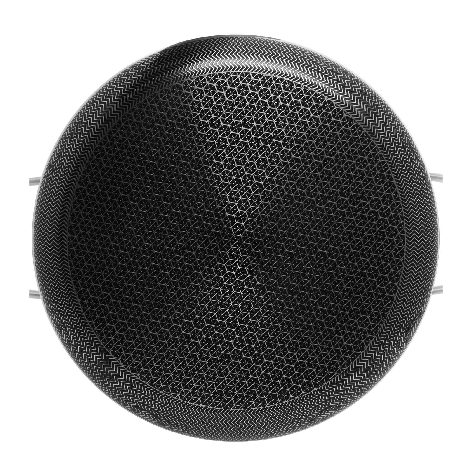 Widok z góry na czarny głośnik. Posiada wzorzystą powierzchnię z siatki.