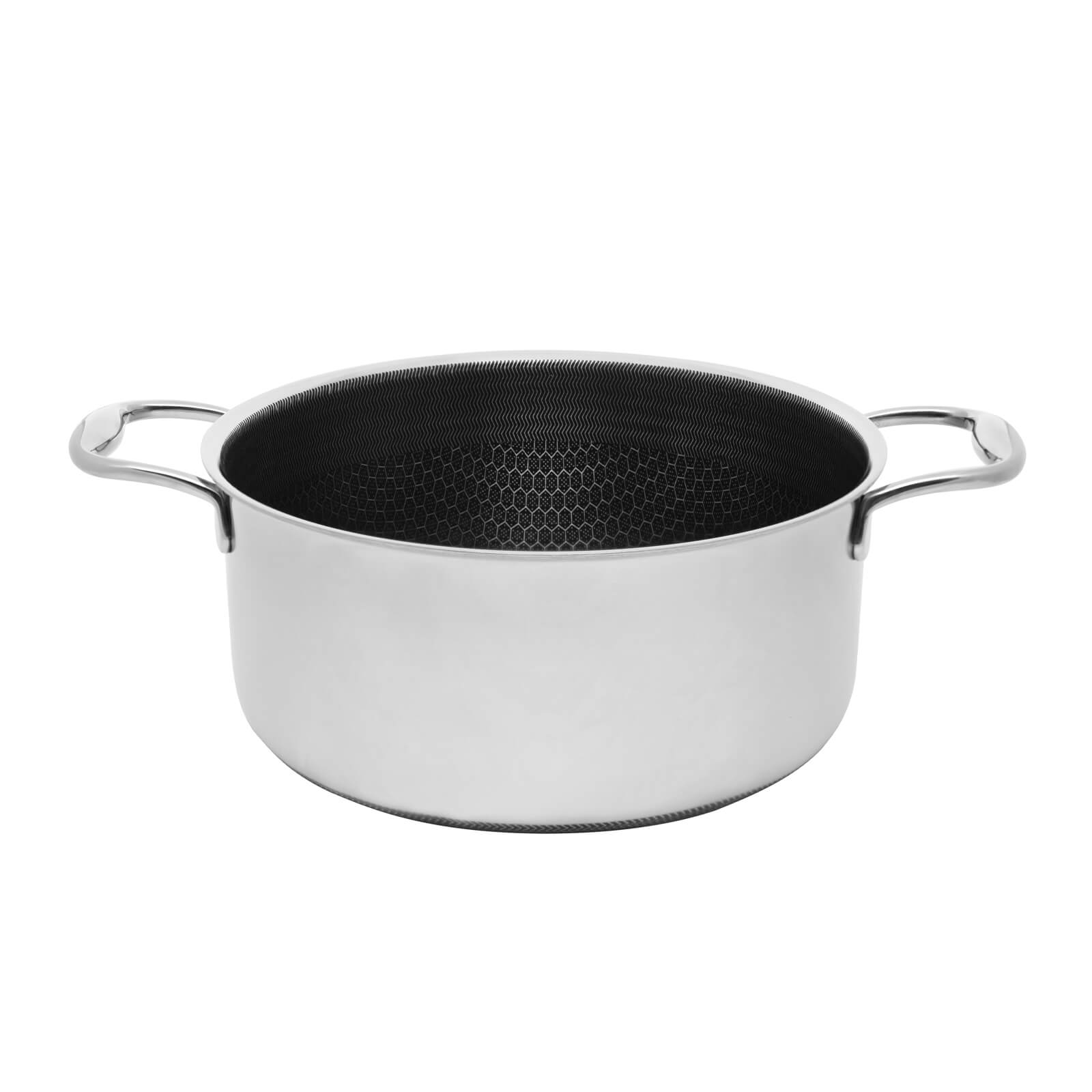 Garnek ze stali nierdzewnej z dwoma uchwytami. Wnętrze ma czarny wzór plastra miodu.