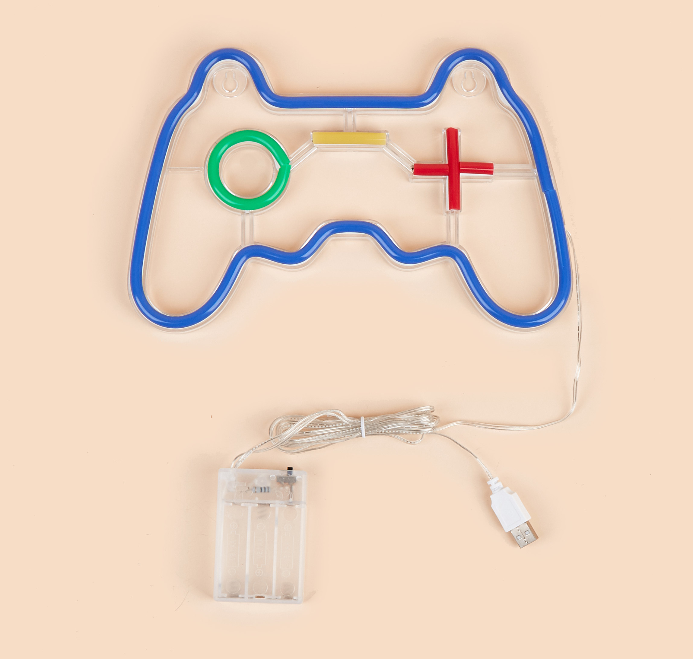 Neonowe niebieskie światło w kształcie kontrolera. Ma zielone koło, żółtą linię i czerwony krzyż.