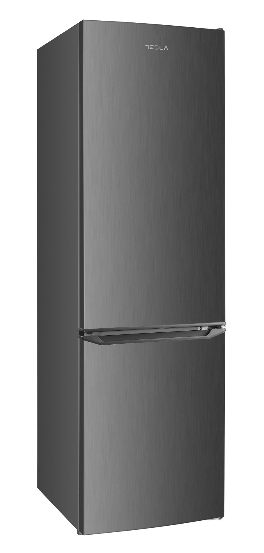 Sötétszürke Tesla hűtőszekrény. Alsó fagyasztó, magas és karcsú design. Fehér háttér.