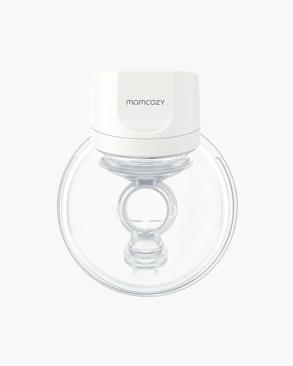 Weiße Momcozy Brustpumpe. Transparenter Kunststofftrichter und eine weiße Motoreinheit mit Momcozy-Aufdruck.