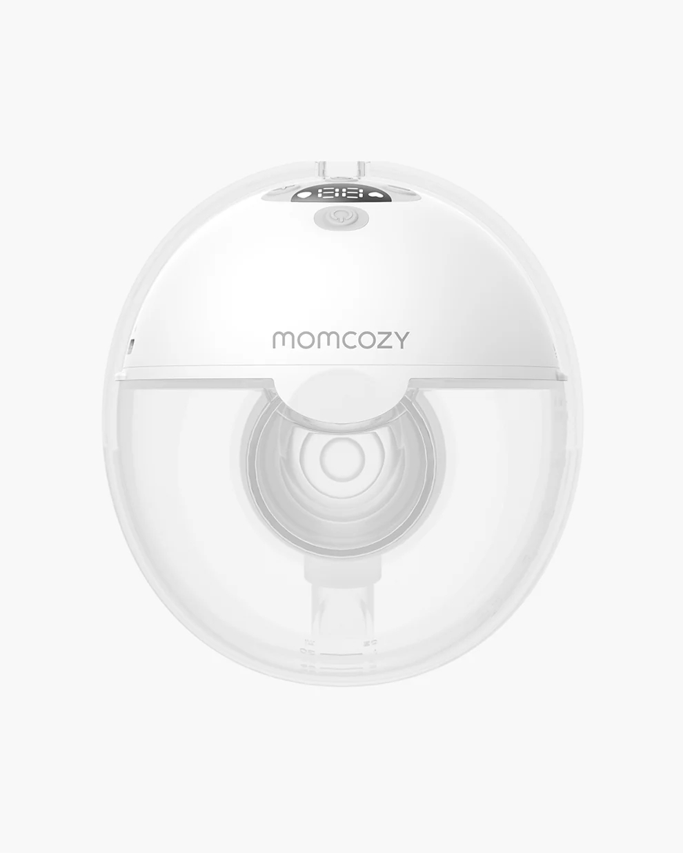Weiße Momcozy Brustpumpe, Draufsicht, mit transparentem Milchauffangbecher.