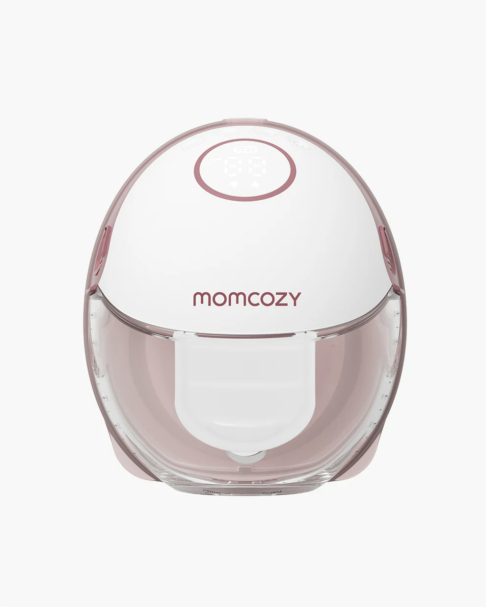 Eine weiße und rosa Brustpumpe mit dem Markennamen momcozy.