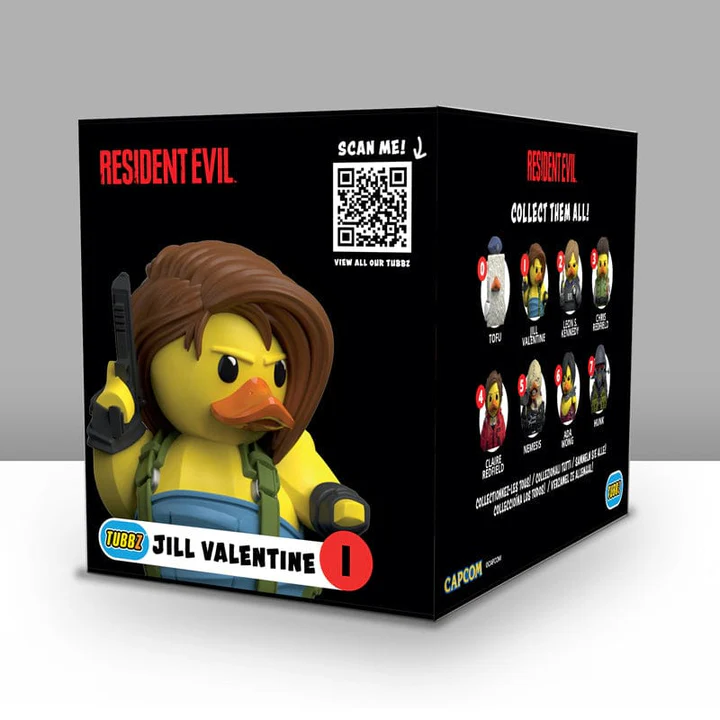 Resident Evil Jill Valentine Tubbz kacsafigura doboz, különböző karakterkacsákkal.