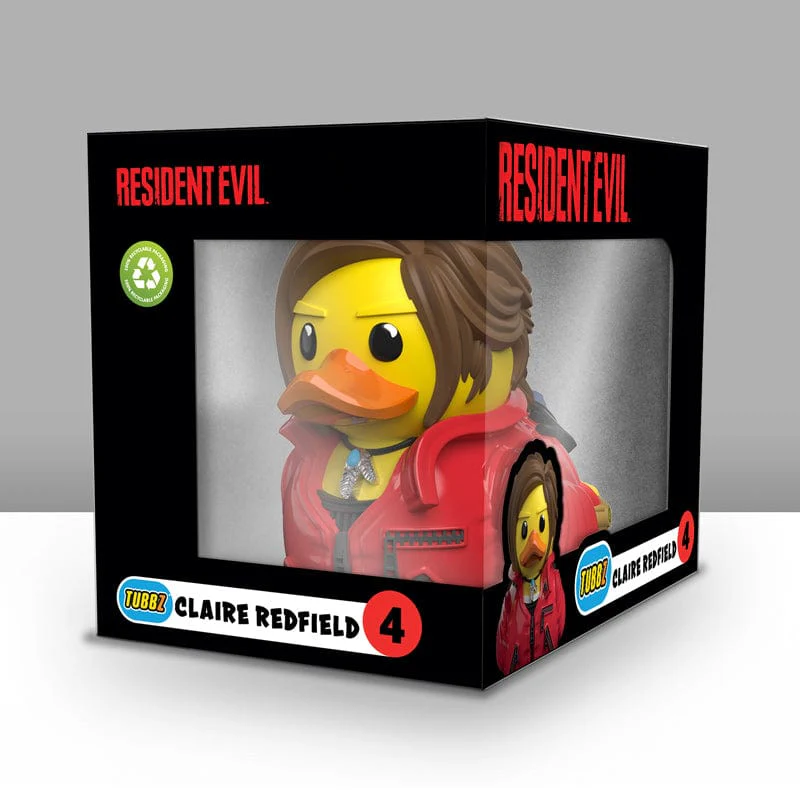 Egy Resident Evil Claire Redfield Tubbz kacsafigura fekete dobozban, a játék logójával.