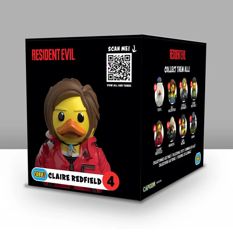 Doboz Claire Redfield figurával, egy kacsával. Más Resident Evil karakterek a dobozon.