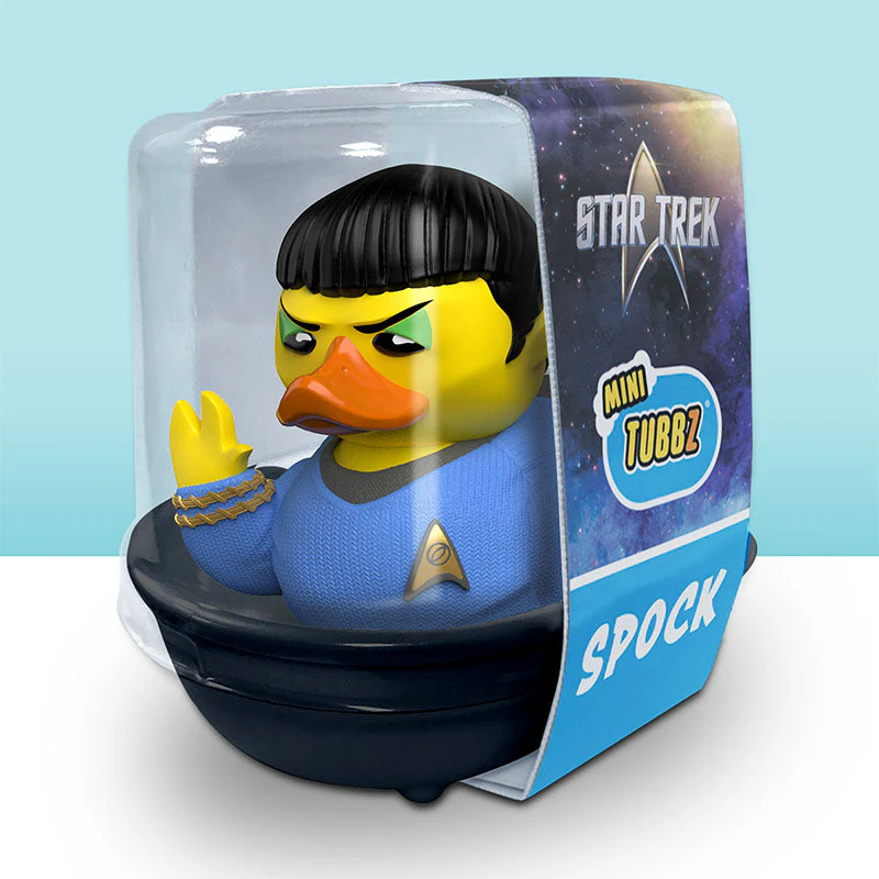 Spock Star Trek Mini Tubbz gumikacsa csomagolásban, kék és sárga.