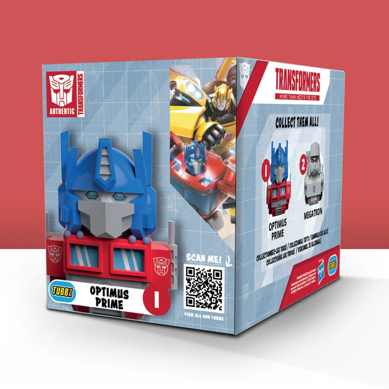 Transformer játékdoboz. Optimus Prime játék illusztráció. A doboz különböző Transzformereket mutat. Vonalkód és QR-kód látható.