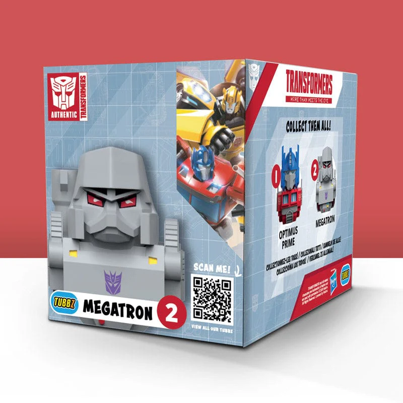 Egy játékdoboz, amely a Transformers karaktereket ábrázolja. Megatron feje a dobozon van. Élénk színeket használnak.