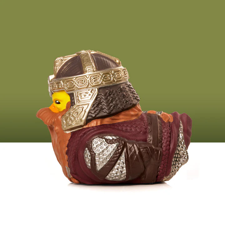 Egy gumikacsa viking sisakkal és páncéllal.
