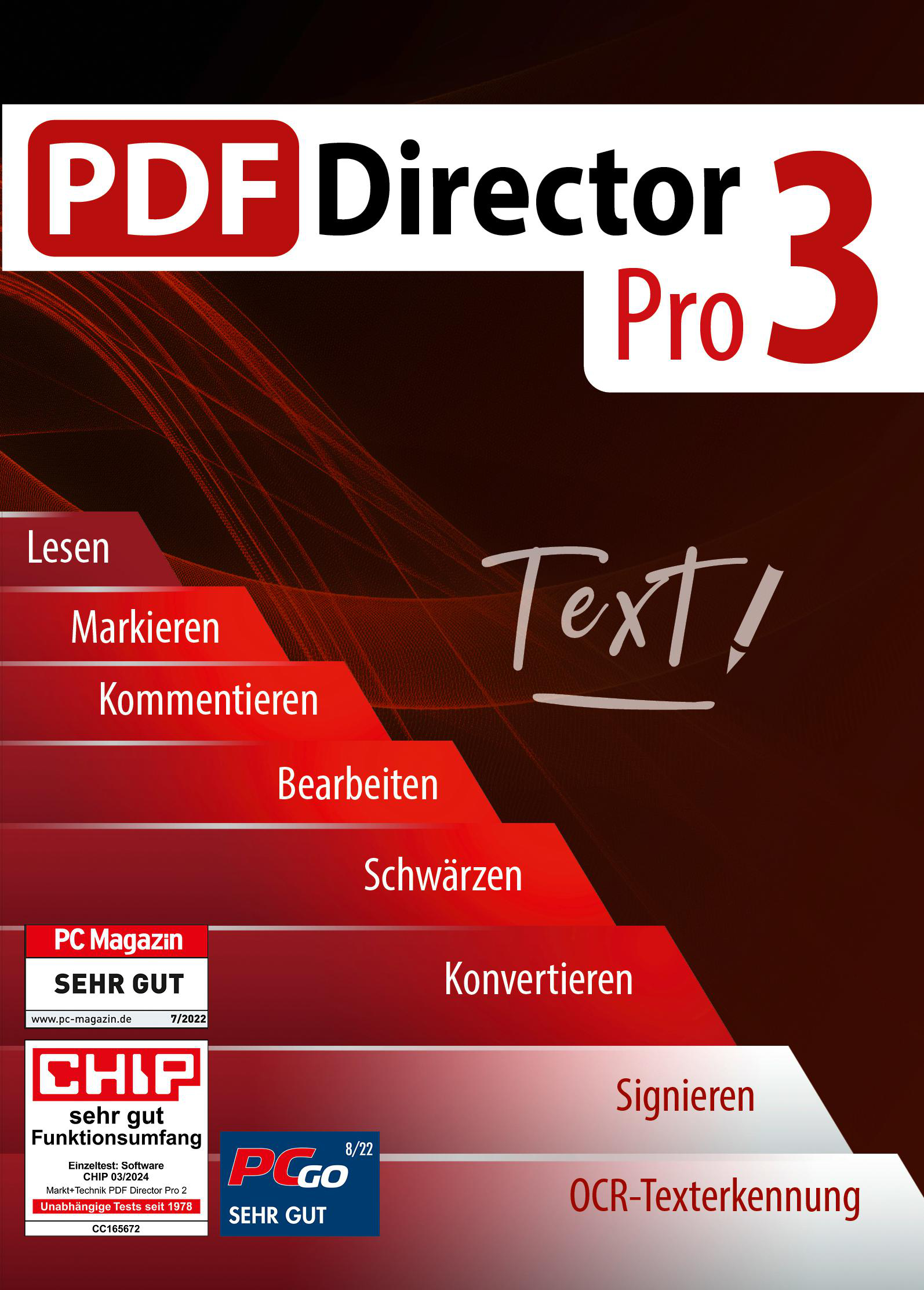 Poster für PDF Director Pro 3, mit rotem und weißem Text. Funktionen: Lesen, Markieren, Kommentieren, Bearbeiten, Schwärzen.