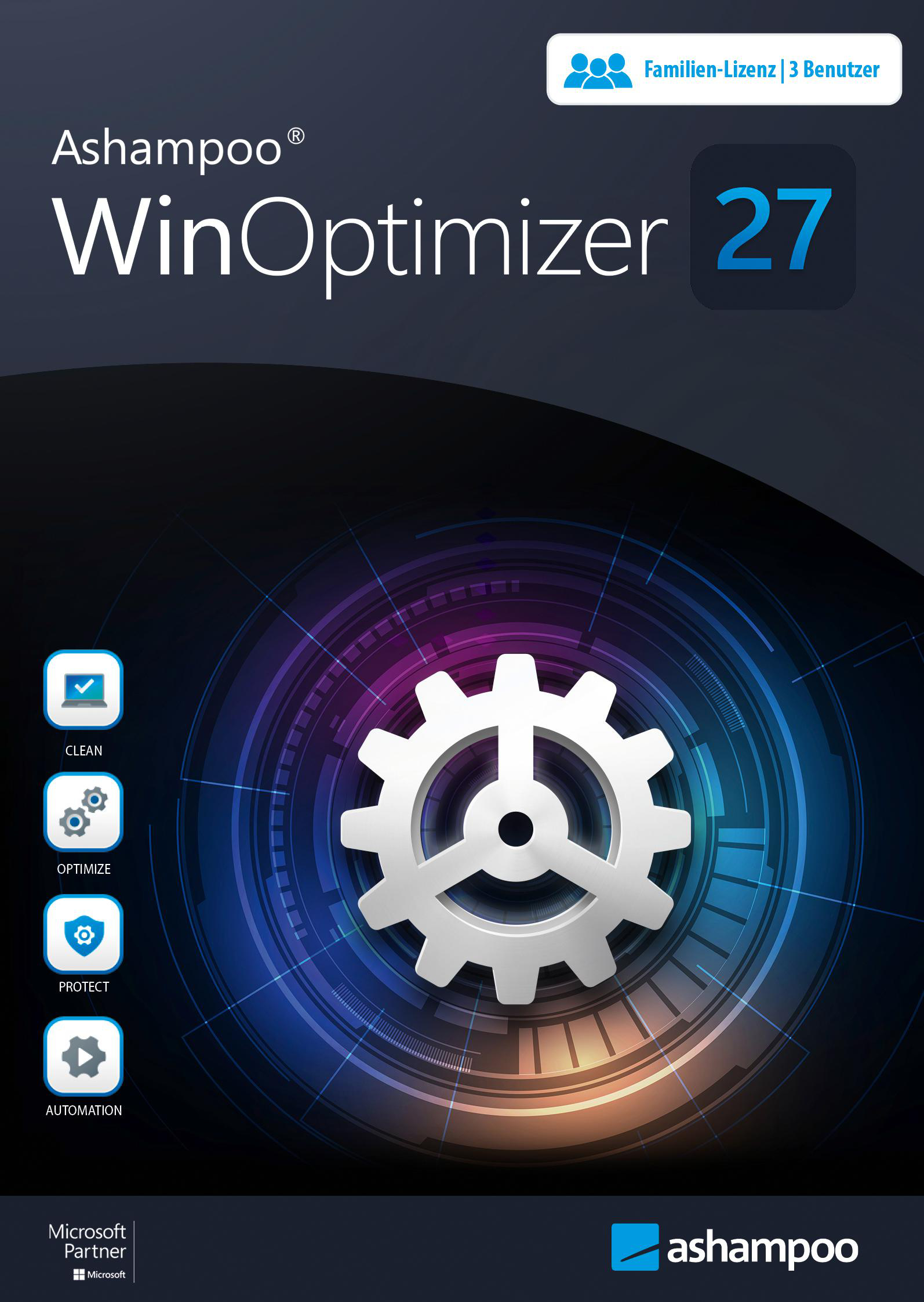 Software-Box mit blau-weißem Design. Enthält ein Zahnradsymbol und das Ashampoo-Logo.