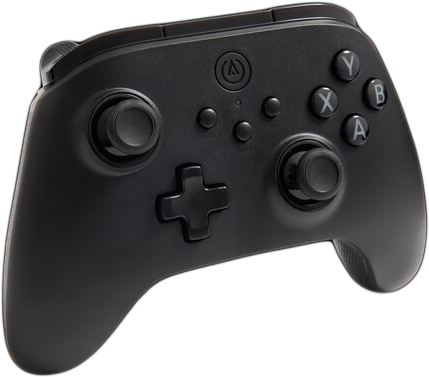 Fekete gamepad gombokkal és két joystickkal fekete háttéren.