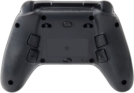 Fekete gamepad alja gombokkal és egy központi panellel. Textúra látható. A háttér fekete.
