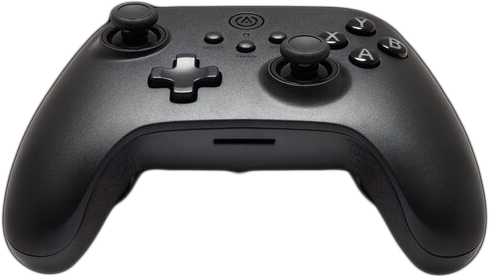 Fekete gamepad gombokkal és joystickokkal. Fekete háttérrel.
