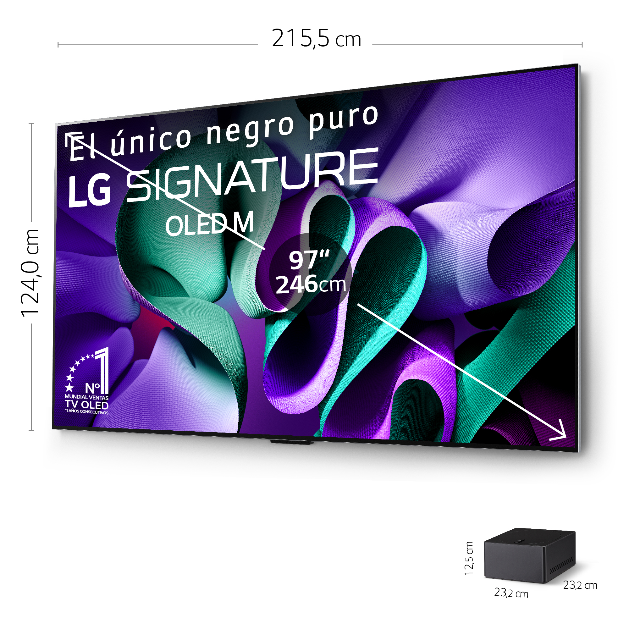 Gran televisor LG Signature OLED con texto. Caja negra en la parte inferior.
