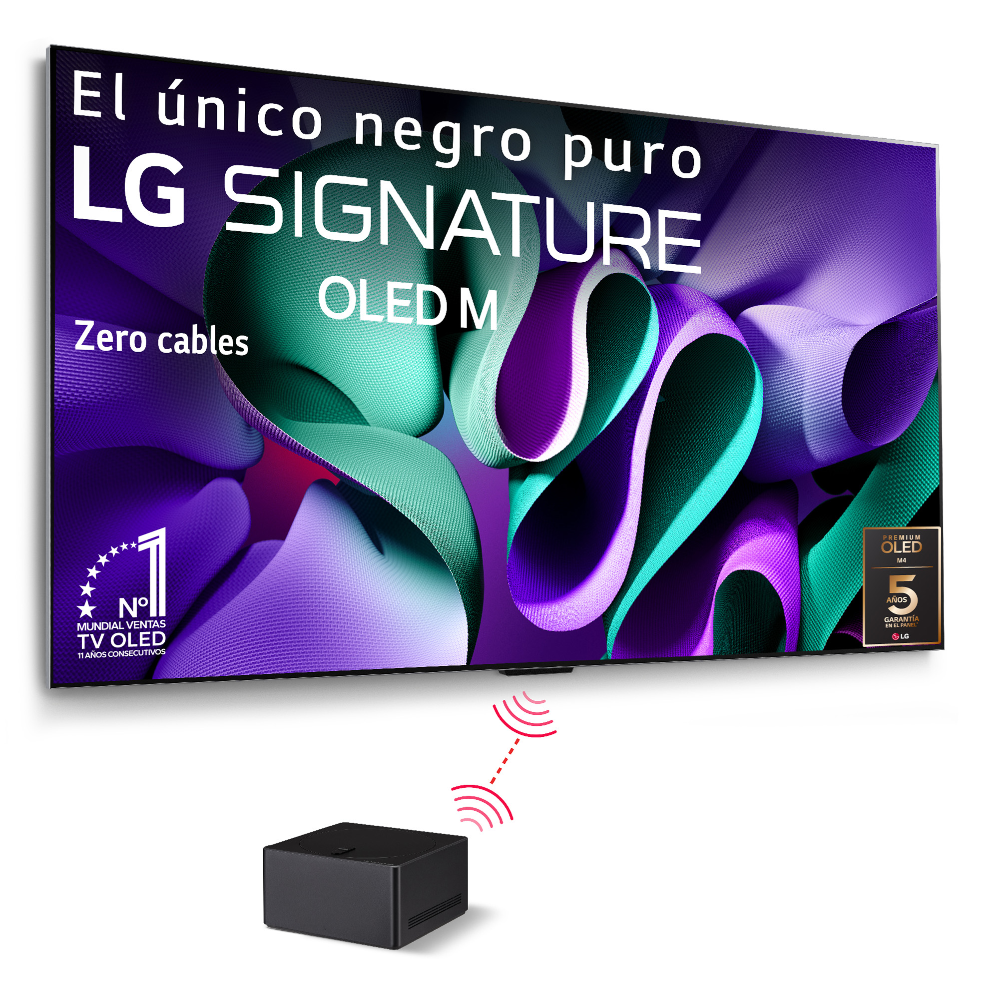 LG SIGNATURE OLED M TV, con un receptor negro. El texto dice "Zero cables".