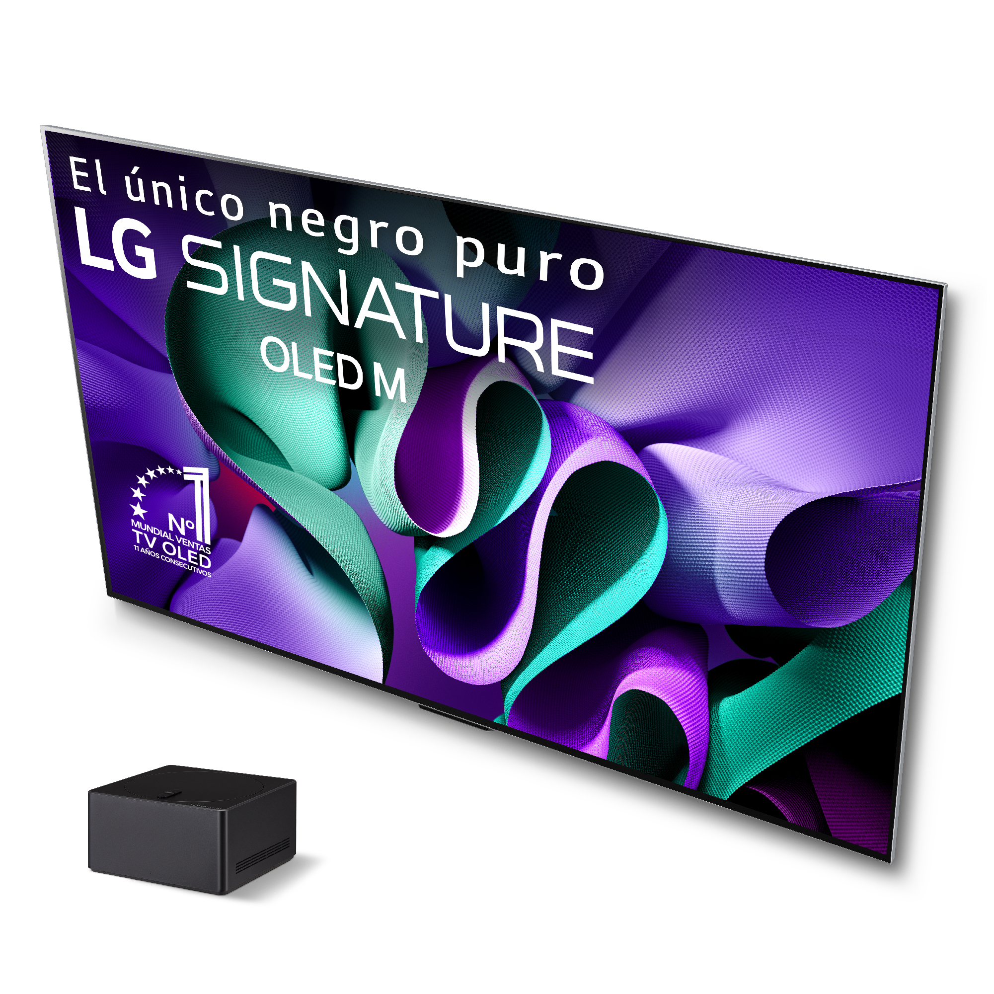Un televisor grande con base negra, frente a un fondo oscuro. La pantalla muestra arte colorido.