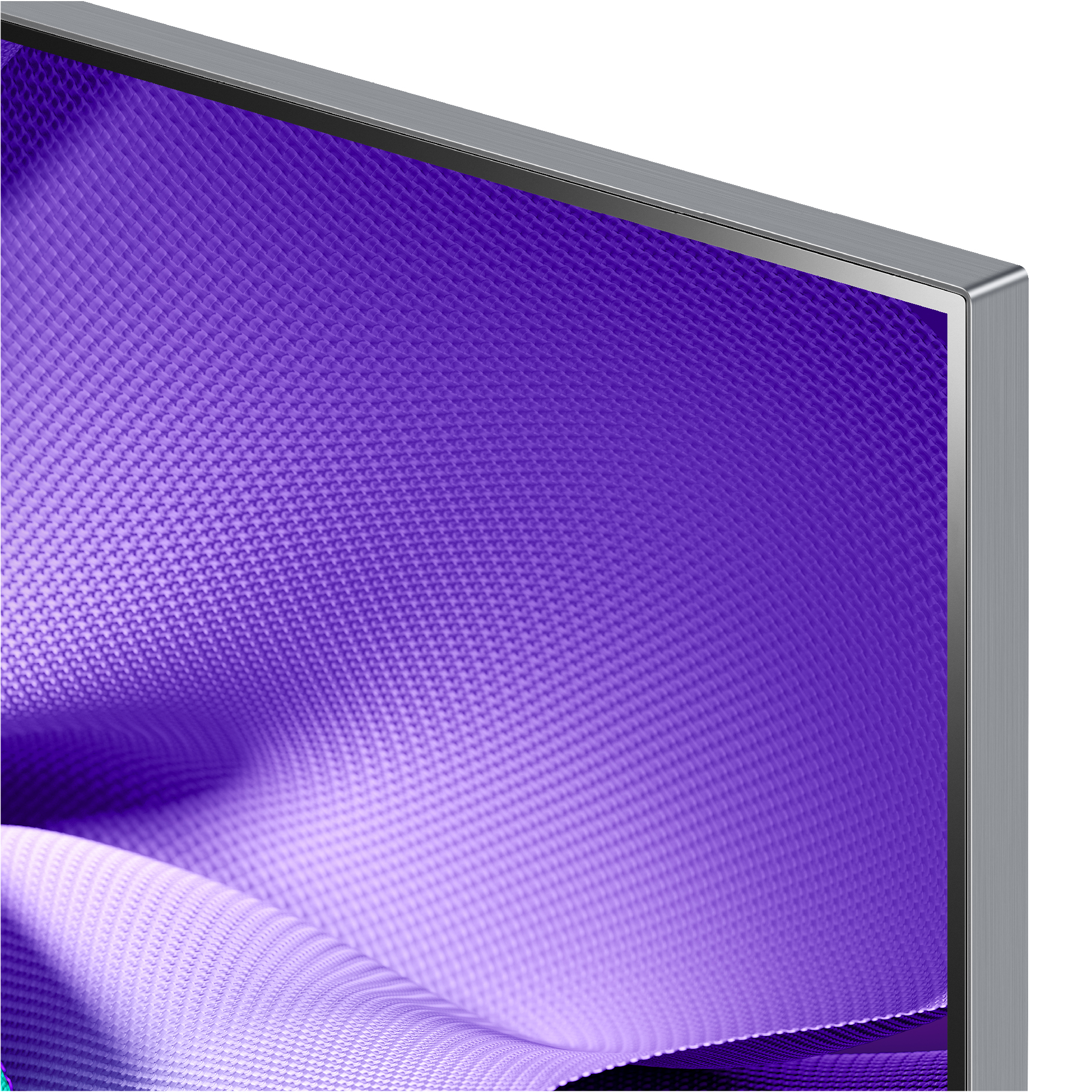 Primer plano de una pantalla de TV, mostrando un patrón morado, con un marco plateado.