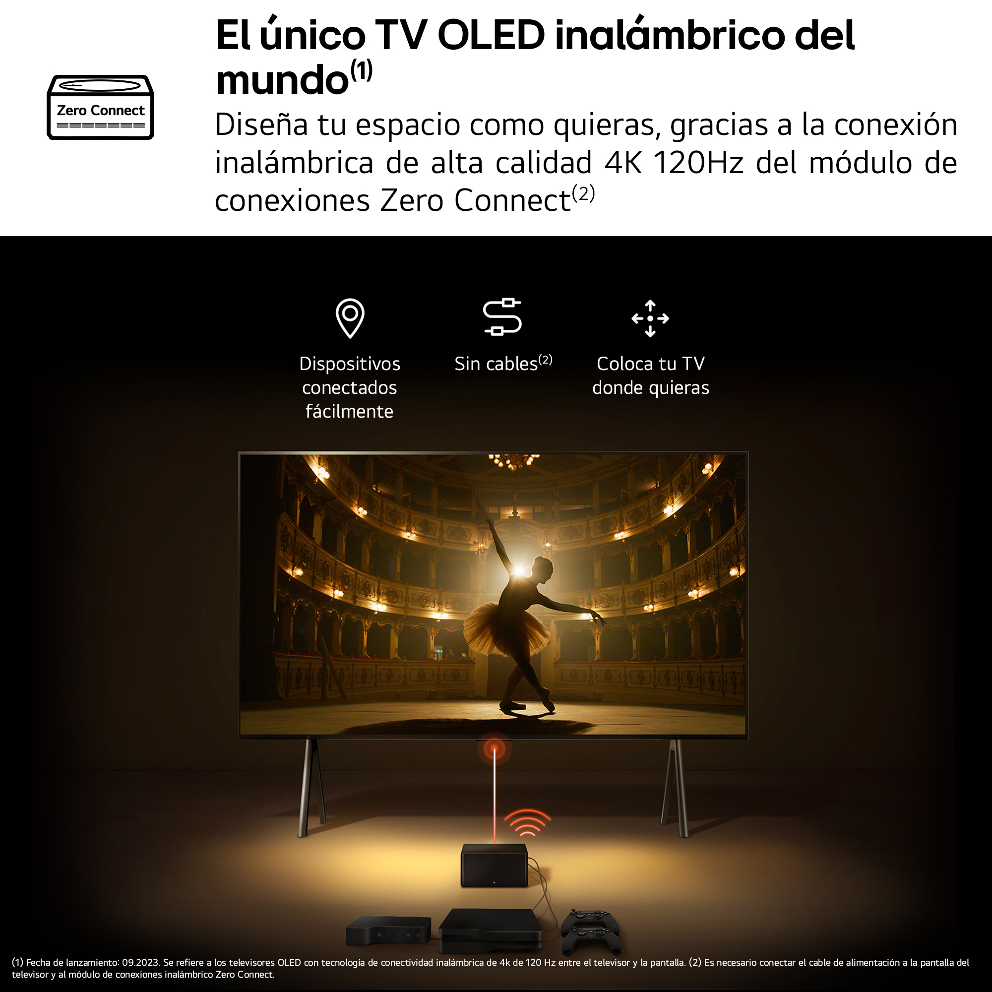 Pantalla de TV sobre un soporte con una bailarina en la pantalla. También se ven texto y logotipos.
