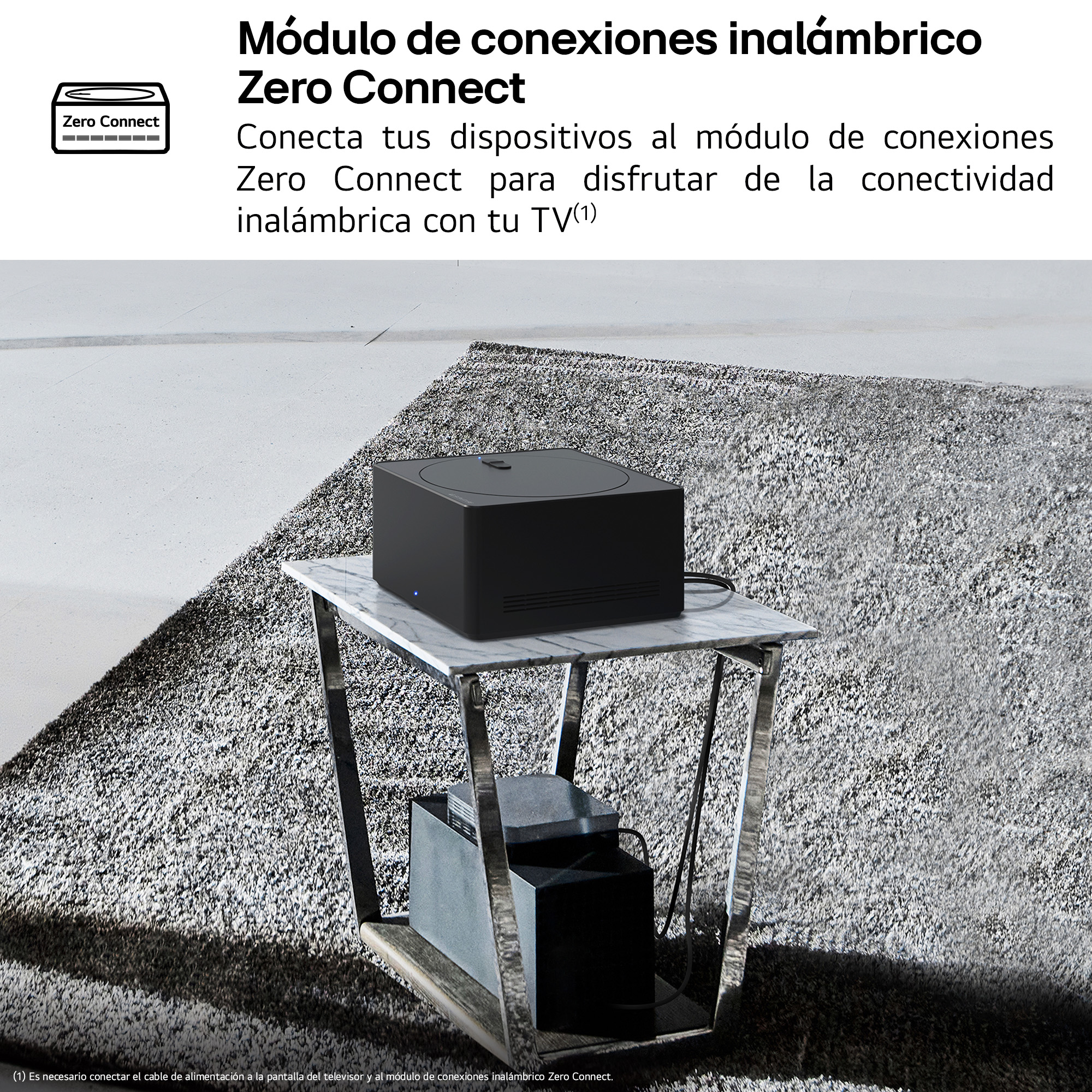 Módulo de conectividad inalámbrica negro sobre mesa de mármol con marco plateado, sobre alfombra estampada.