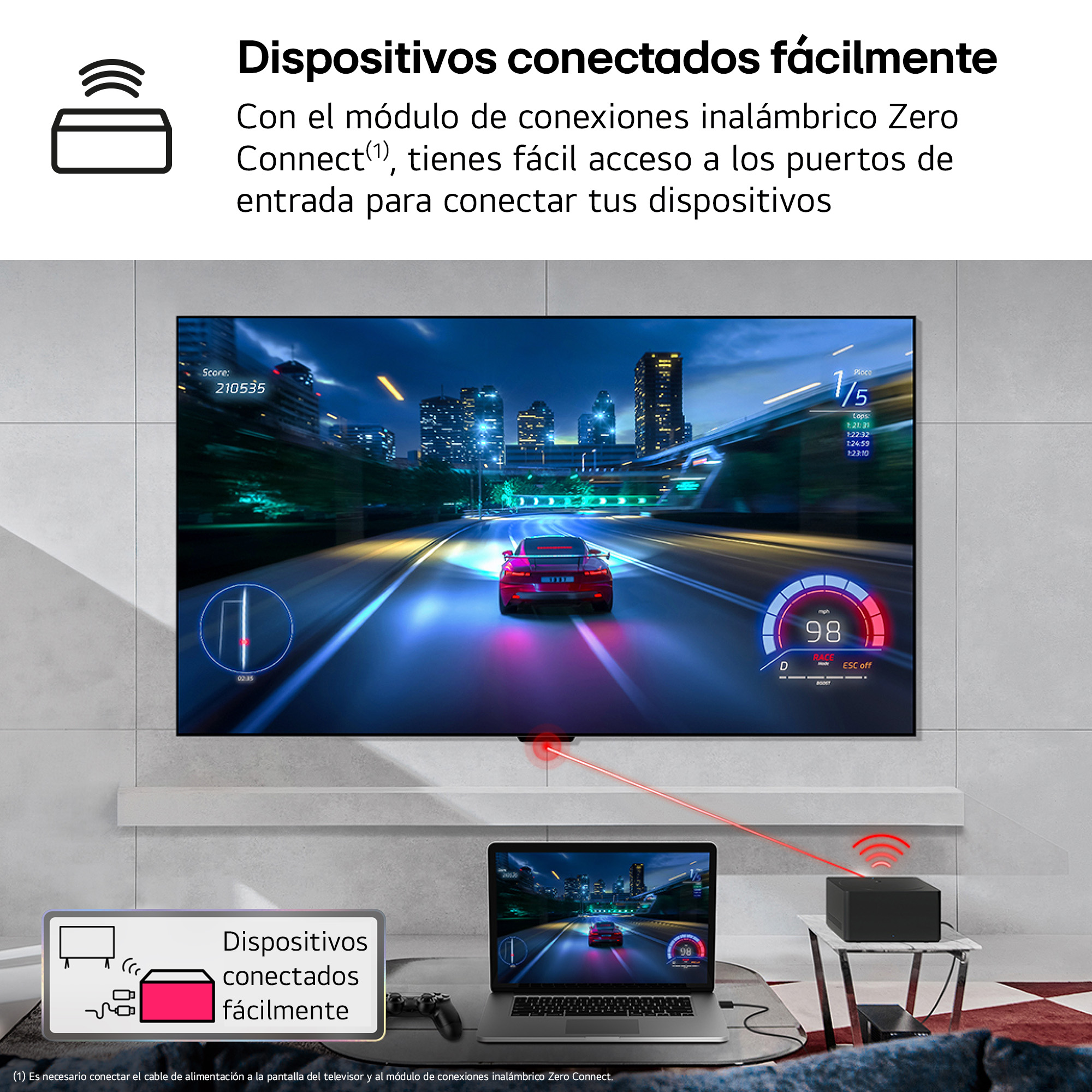 Pantalla de TV mostrando un juego de carreras. Un portátil y una caja negra debajo.