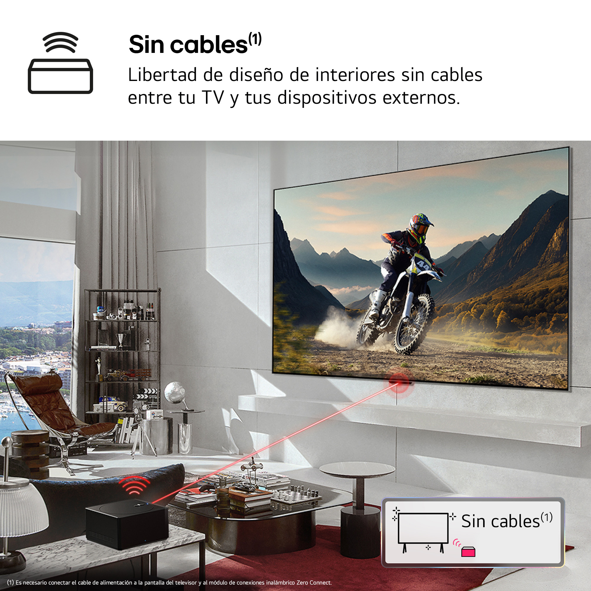 Una pantalla de TV que muestra a un ciclista en una escena de montaña. Salón de estar.