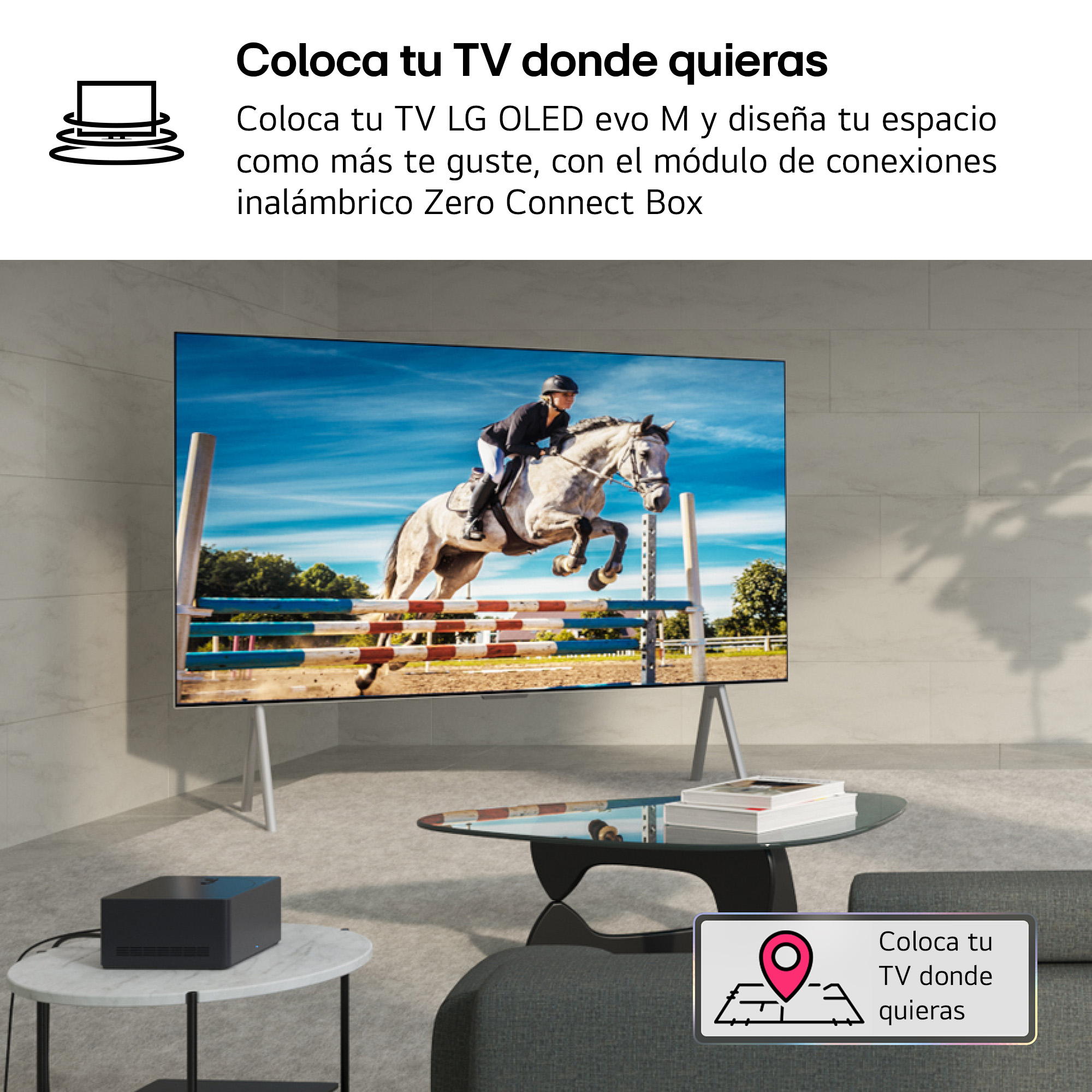 TV LG con mujer a caballo saltando. Texto: "Coloca tu TV donde quieras".