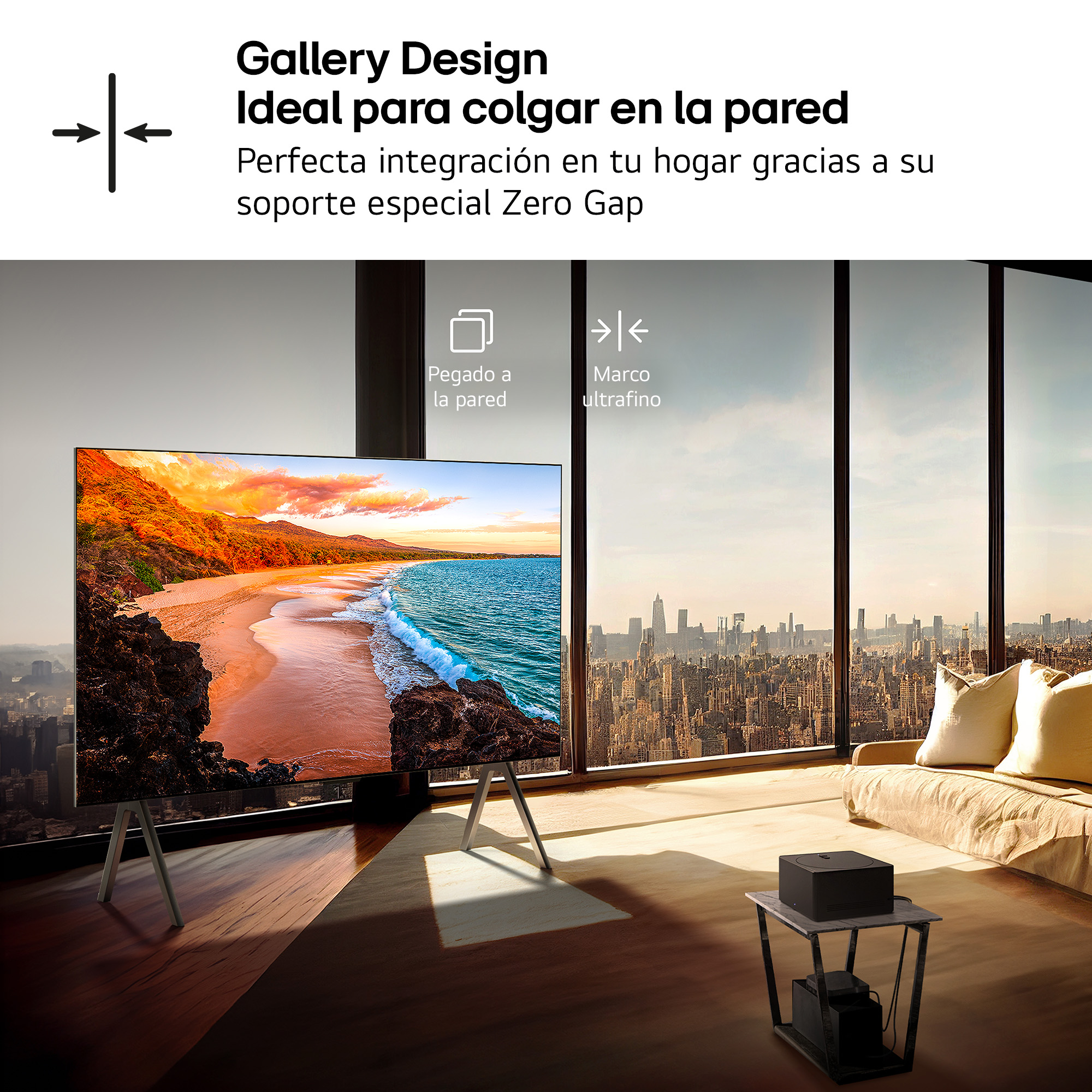 Televisor en soporte, montado en pared, con escena de playa.